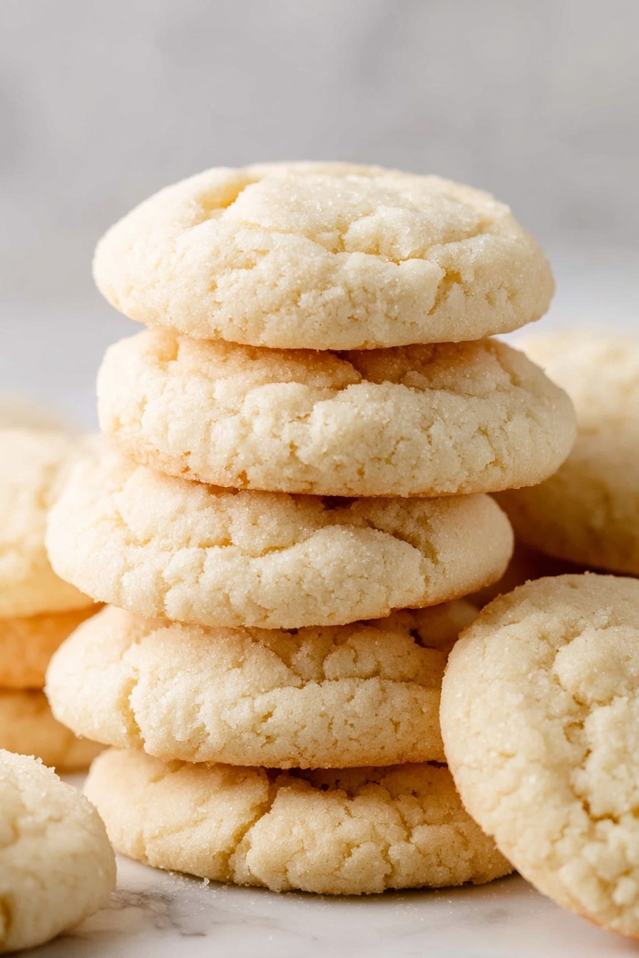 Amish Sugar Cookies, soft Amish sugar cookies, homemade Amish sugar cookies, classic Amish cookie recipe, buttery sugar cookies - The image shows a close-up of several sugar cookies stacked on top of each other. Each cookie has a light golden color with a soft, slightly cracked surface, and a round, somewhat puffy shape. The cookies have a smooth, almost crumbly texture visible on the outside, and the edges show a gentle browning. The cookies are placed on a white marbled surface, filling the frame with no other items or background elements visible. photo taken with an iphone --ar 2:3 --v 7