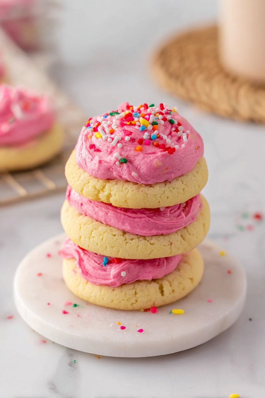 Soft Frosted Sugar Cookies, soft sugar cookies, easy sugar cookie recipe, frosting sugar cookies, melt-in-your-mouth sugar cookies - The image shows a stack of three soft, pale yellow cookies with a rough texture, each separated by a thick layer of bright pink frosting. The top cookie has more pink frosting swirled on top with colorful sprinkles scattered over it, including red, white, yellow, blue, and green. They sit on a small white marble round plate, with a few sprinkles spilled around the base. The background is a white marbled surface with a blurred light-colored cup and woven coaster in the back photo taken with an iphone --ar 2:3 --v 7
