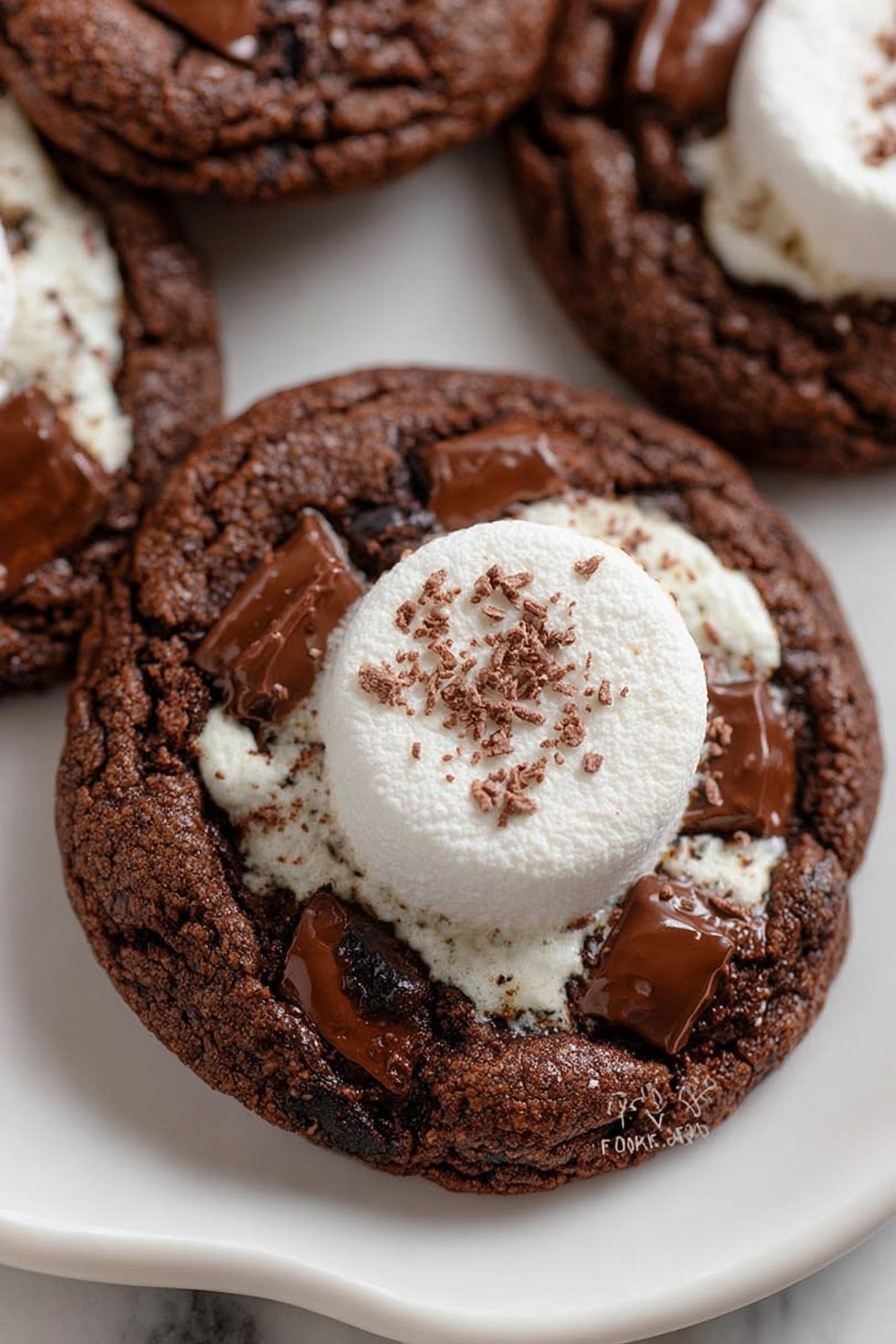 Hot Chocolate Cookies with Marshmallows, hot chocolate cookies, easy holiday cookies, chocolate marshmallow cookies, winter treat recipes - The image shows a close-up of a dark brown chocolate cookie with a rough, crumbly texture. On top of the cookie, there is a large white marshmallow that looks soft and slightly melted, with melted chocolate oozing from underneath it and spreading across the cookie's surface. The marshmallow has some small chocolate crumbs on it. The cookie is placed on a white marbled surface, with bits of chocolate scattered around. Photo taken with an iphone --ar 2:3 --v 7