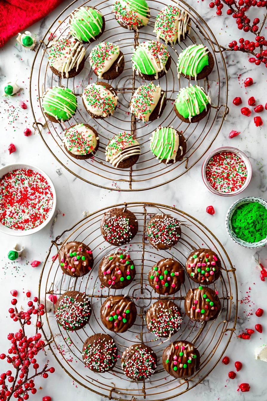 Festive Chocolate Covered Oreos, Christmas Oreo treats, holiday dessert ideas, easy chocolate dipped cookies, holiday party snacks - The image shows two round cooling racks on a white marbled surface, each filled with small round chocolate cookies decorated for Christmas. The cookies on the top rack are half dipped in white or green icing with colorful sprinkles in red, green, and white, and drizzled with thin lines of icing. The cookies on the bottom rack are covered with chocolate icing and topped with various sprinkles in festive colors like red, green, and white. Some have small red and green candy pieces, while others have thin pink icing stripes. Around the racks, there are small bowls filled with red and green sprinkles and candy, along with light bulbs filled with colorful decorations and red berry garlands. photo taken with an iphone --ar 2:3 --v 7