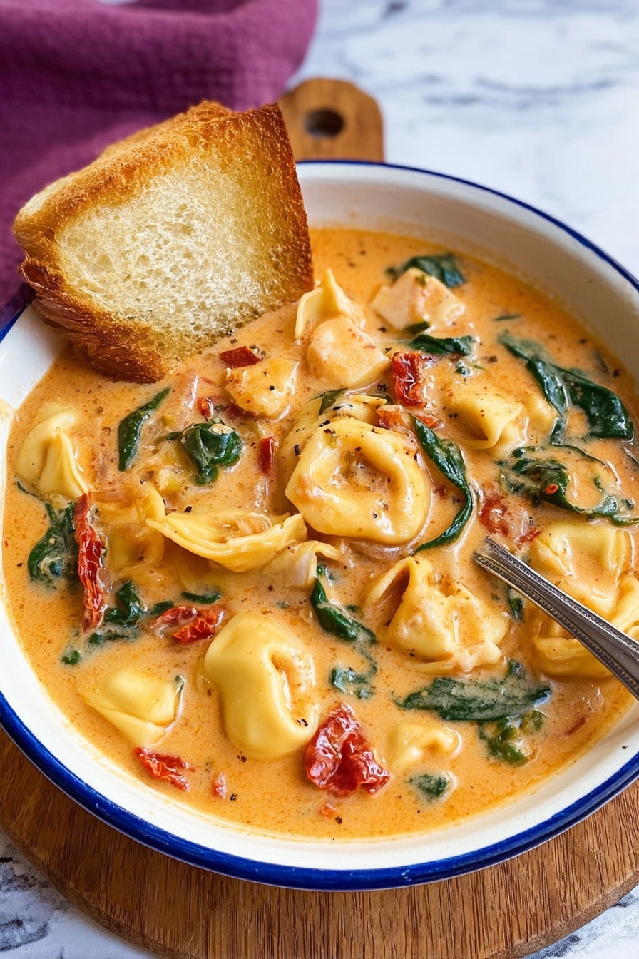 Creamy Tuscan Chicken Soup, Tuscan Chicken Soup, creamy chicken soup, Italian chicken soup, comforting chicken soup - A white bowl with a blue rim contains creamy orange soup filled with tortellini pasta, green spinach leaves, red sun-dried tomatoes, and chunks of white meat. A slice of golden toasted bread stands resting inside the bowl, partially dipped into the soup. A silver spoon is placed inside the bowl on the right side, slightly covered by the soup. The bowl sits on a wooden board with a white marbled surface background and a purple cloth visible at the top edge of the image. Photo taken with an iphone --ar 2:3 --v 7