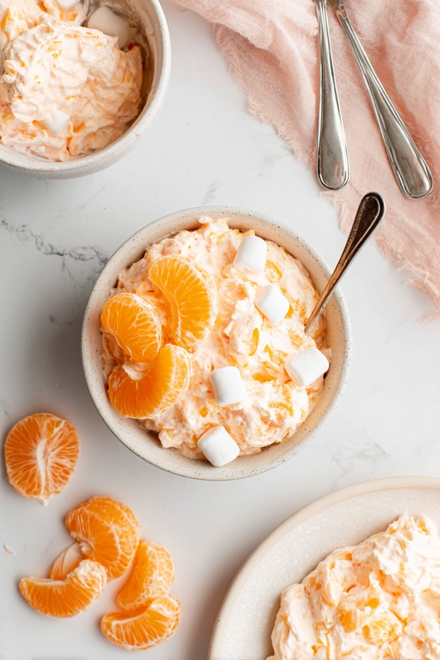 Mandarin Orange Salad with Marshmallows, citrus fruit salad, creamy fruit salad, nostalgic dessert salad, easy potluck salad - The image shows a small white bowl filled with a fluffy light orange creamy mixture with visible small white marshmallows and bright orange mandarin orange slices mixed in. On top of the mixture are two mandarin slices arranged in the center and three small marshmallows on the surface. Next to the bowl on the white marbled surface are two peeled mandarin slices. Nearby, there is a white plate with leftover creamy mixture spread on it, with a metal spoon resting inside. A soft pink cloth and two metal spoons are placed on the top right corner of the image, adding a soft touch to the scene. Photo taken with an iphone --ar 2:3 --v 7