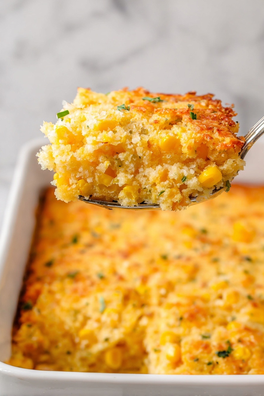 Creamy Cornbread Casserole, cornbread casserole with cheese, easy creamy cornbread bake, comforting cornbread side dish, moist cornbread casserole - A close-up of a white square baking dish filled with a golden baked corn casserole. The casserole has a thick base layer with a crumbly texture mixed with whole yellow corn kernels and small green herb bits scattered throughout. The top layer is slightly browned and crispy, showing a mix of melted cheese and corn. A silver spoon lifts a square piece from the dish, showing the fluffy and moist inside with visible corn and herbs. The background is a white marbled surface. Photo taken with an iphone --ar 2:3 --v 7
