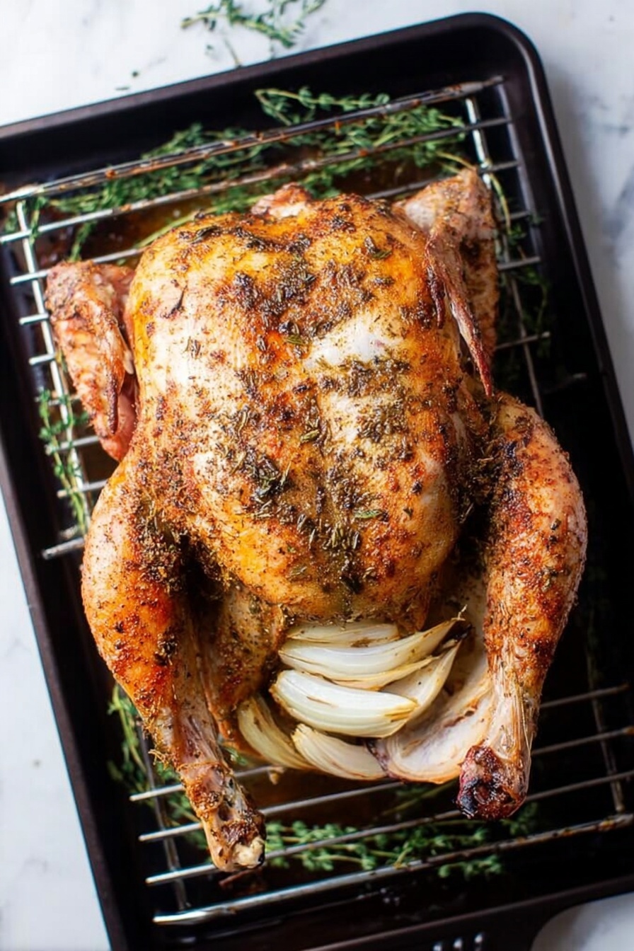 Homemade Turkey Gravy, turkey gravy, holiday gravy, easy turkey gravy, how to make turkey gravy - The image shows a whole roasted chicken with golden brown and crispy skin, seasoned with herbs and spices, resting on a metal rack inside a dark baking tray. The chicken is placed belly-up, with visible wings and legs spread out, and the cavity filled with layers of white onion slices and garlic cloves. Sprigs of green herbs lie around the tray, all set on a white marbled surface. The light highlights the crunchy texture of the chicken skin and the soft, layered look of the onions inside. photo taken with an iphone --ar 2:3 --v 7