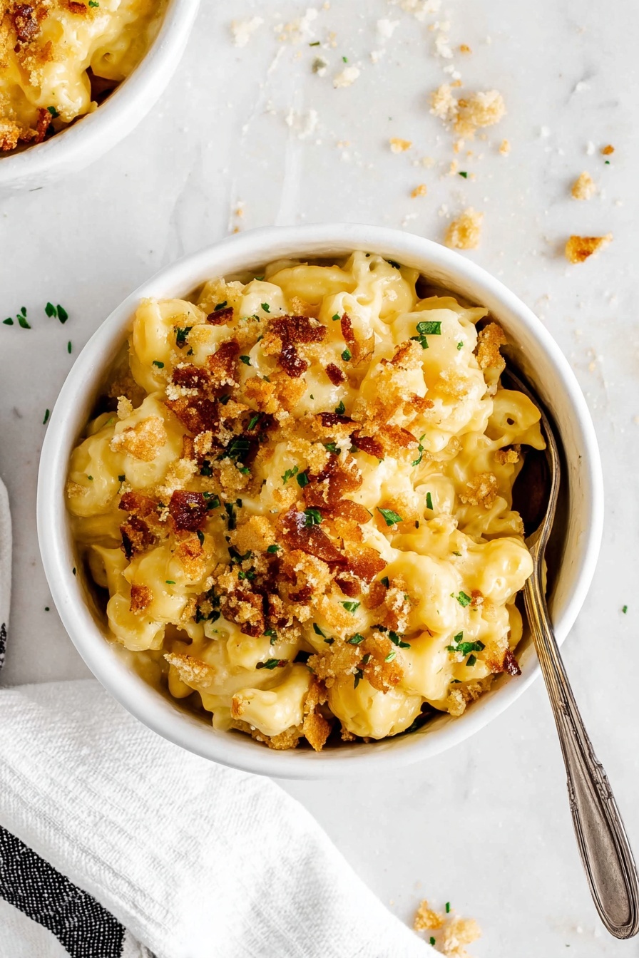 Creamy Baked Mac and Cheese with Pretzel Topping, cheesy baked mac and cheese recipe, crunchy pretzel topping mac and cheese, indulgent baked mac and cheese, easy cheesy baked pasta - A white ceramic casserole dish holds a creamy macaroni and cheese bake with two main layers visible: the bottom thick layer of smooth, pale yellow macaroni pasta coated in rich cheese sauce, and the top layer of golden-brown crispy breadcrumb topping with small green specks sprinkled throughout. A wooden spoon lifts a generous scoop from the dish, showing the creamy macaroni stretching slightly below the crusty layer. The dish sits on a white marbled surface with a clean, bright background. Photo taken with an iphone --ar 2:3 --v 7