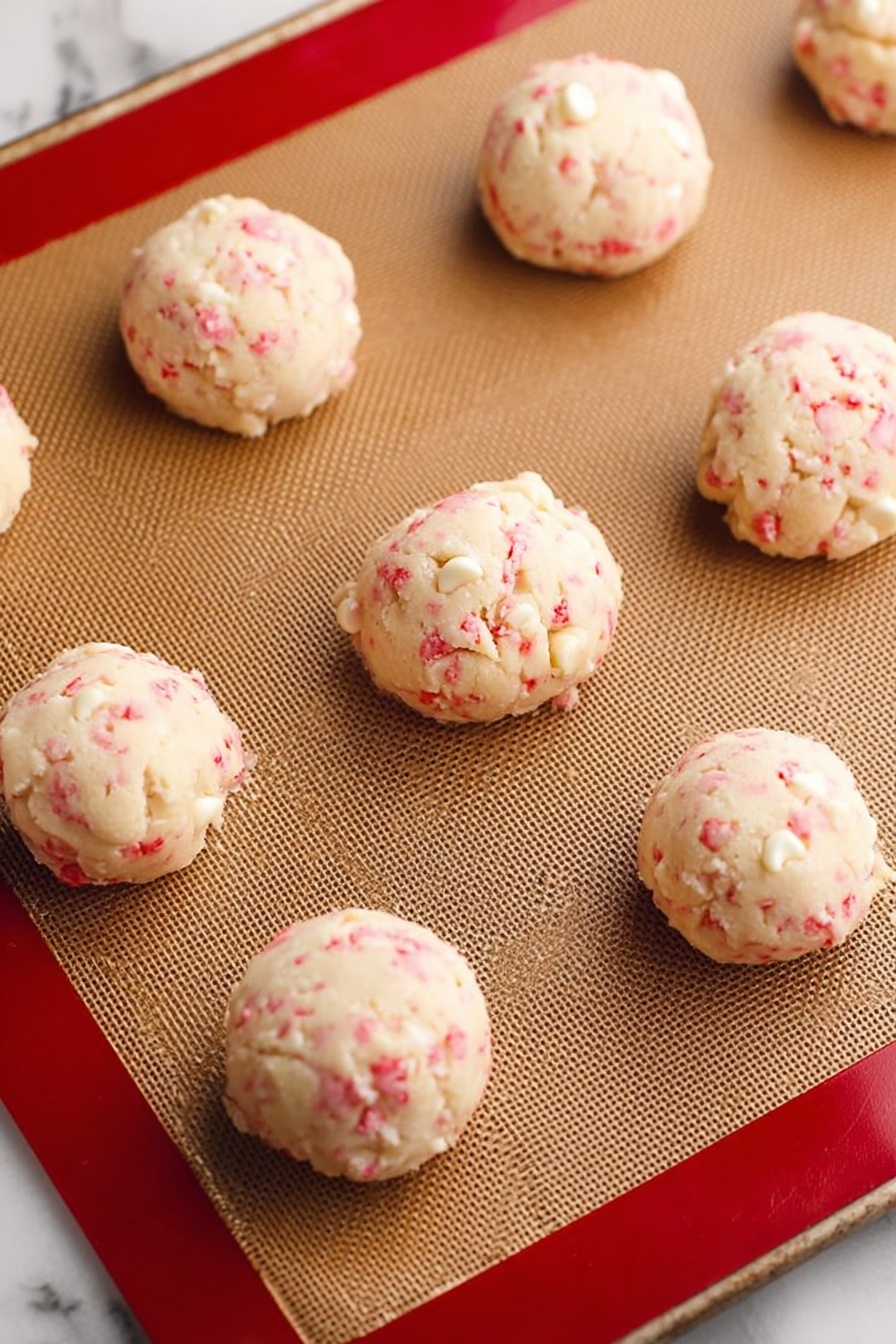 White Chocolate Candy Cane Cookies, festive holiday cookies, mint white chocolate cookies, easy Christmas cookie recipes, peppermint holiday treats - The image shows eight round cookie dough balls placed on a brown baking mat lined inside a red-edged tray. Each cookie ball has a creamy, pale dough base with small red specks all over, and some white chocolate chips peek through the dough, adding texture. The surface under the baking mat is a white marbled texture. The dough looks soft, and the balls are evenly spaced apart. photo taken with an iphone --ar 2:3 --v 7