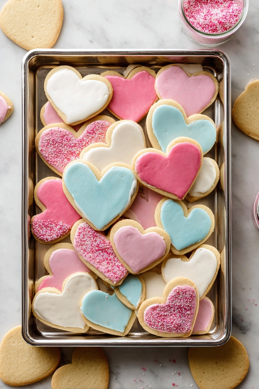 Soft Sugar Cookies, Soft Sugar Cookies Recipe, Tender Sugar Cookies, Easy Sugar Cookie Recipe, Homemade Soft Sugar Cookies - A metal baking tray filled with many heart-shaped and oval cookies arranged in layers. The base layer includes plain light brown cookies with no icing visible. The top layer covers most cookies in smooth white, pink, and blue icing; some have pink sugar sprinkles giving a rough texture while others have a smooth shiny finish. The hearts vary in size, with some large and some small, overlapping each other across the tray. The tray sits on a white marbled surface with a few extra plain cookies and a small container of pink sugar nearby. Photo taken with an iphone --ar 2:3 --v 7