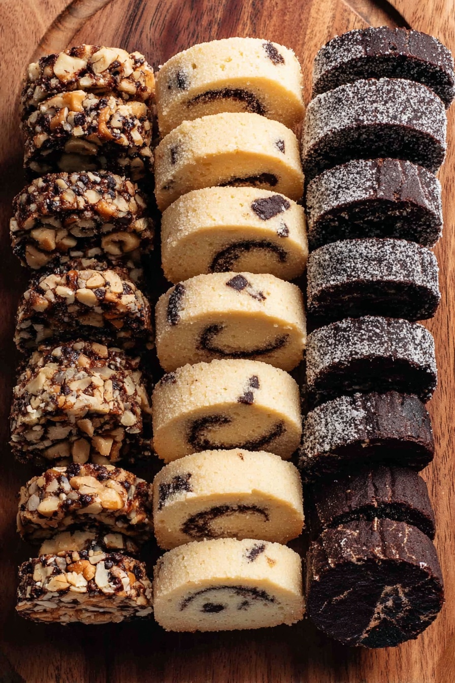 Slice and Bake Cookie Assortment, cookie variety ideas, easy cookie baking tips, no-bake cookie logs, festive cookie desserts - The image shows four neat rows of round cookie slices placed on a wooden board. The first row on the left has dark brown cookies studded with a mixture of nuts, giving a rough, crunchy texture. The second row features light beige cookie slices with visible swirls inside and a sugar-coated edge that adds a grainy texture. The third row consists of pale yellow cookie slices with large dark chocolate chunks spread inside, also sugar-coated on the outer edge for a crystalline look. The last row on the right has solid dark brown cookie slices with a dense, smooth texture and some shiny cracks, showing a rich chocolate appearance. All the cookies are arranged closely in straight vertical lines. photo taken with an iphone --ar 2:3 --v 7