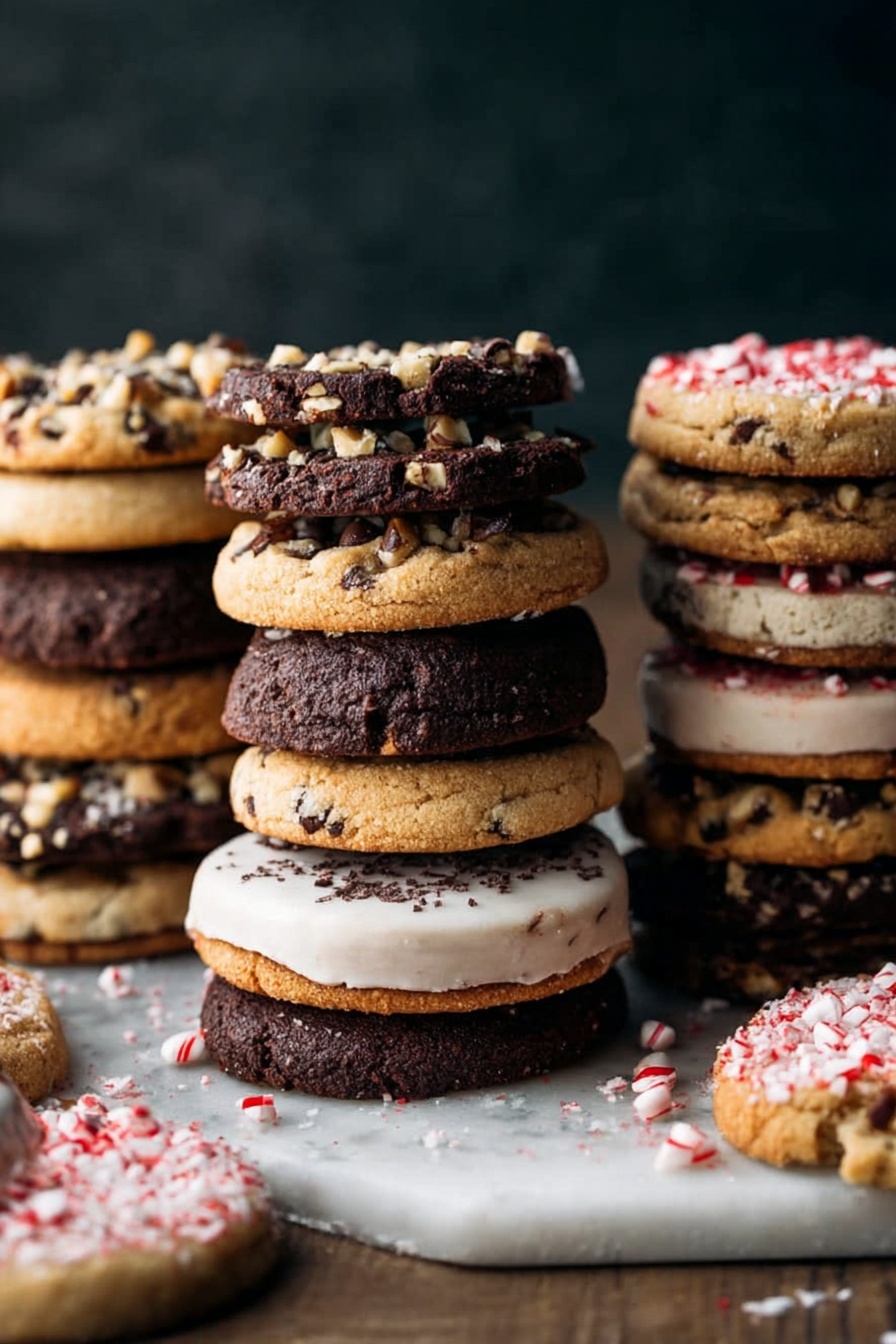 Slice and Bake Cookie Assortment, cookie variety ideas, easy cookie baking tips, no-bake cookie logs, festive cookie desserts - There are three stacks of cookies on a white marbled surface. The left stack shows layers of light brown cookies and dark brown cookies with chopped nuts, alternating. The middle stack features five layers, starting from the top with a dark cookie with chopped nuts, then a light brown cookie with chocolate bits, another light brown cookie, a dark cookie half-coated in white icing, and a light brown cookie at the bottom. Pieces of crushed peppermint candy are scattered at the base. The right stack has several light brown and dark cookies with chopped nuts, some with white icing and red sprinkles on the side. The background is dark, showing texture contrast. photo taken with an iphone --ar 2:3 --v 7