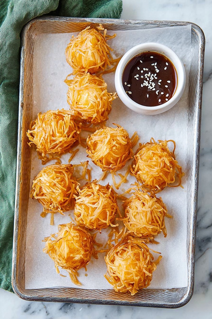 Crispy Fried Shrimp Balls, Shrimp Balls Recipe, Crispy Shrimp Appetizer, How to Make Shrimp Balls, Easy Shrimp Balls - The image shows a rectangular metal tray lined with white parchment paper on a white marbled surface. On the tray, there are ten golden-orange crispy balls that look like they are wrapped in thin strips, giving a textured and crunchy appearance. In the top right corner of the tray, there is a small white round bowl filled with a dark brown sauce topped with white sesame seeds, adding a contrast to the crispy balls. A green fabric is partially visible on the left side of the tray. The overall look is neat and appetizing, with the crispy balls clustered but not touching each other, showing off their detailed layers of golden strips. photo taken with an iphone --ar 2:3 --v 7
