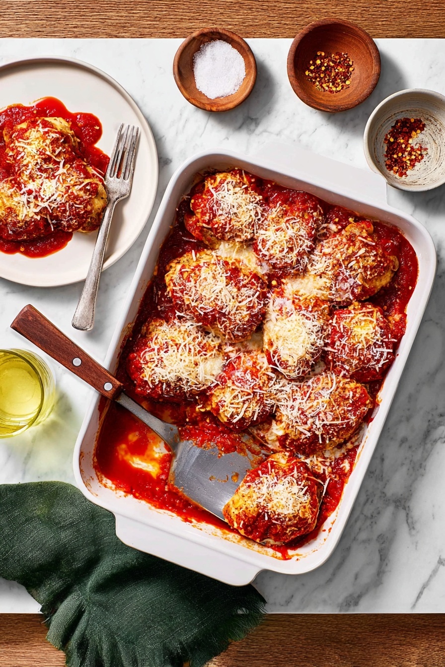 Eggplant Rollatini, Eggplant Rollatini recipe, cheesy eggplant appetizer, baked eggplant rollups, Italian eggplant dish - A white baking dish filled with about two layers of golden-browned pieces of chicken covered in thick red tomato sauce, topped with grated cheese sprinkled evenly over all the chicken. A metal spatula with a wooden handle rests inside the dish, lifting some chicken to show the red sauce underneath. To the left, a white plate holds a serving of the same chicken and sauce. Above the baking dish, a white marbled surface has a small wooden bowl with grated cheese and a white bowl with crushed red pepper flakes. A green cloth with silver forks is placed on the left side, and a glass of light yellow drink is on the bottom left corner. The background is a white marbled texture. photo taken with an iphone --ar 2:3 --v 7