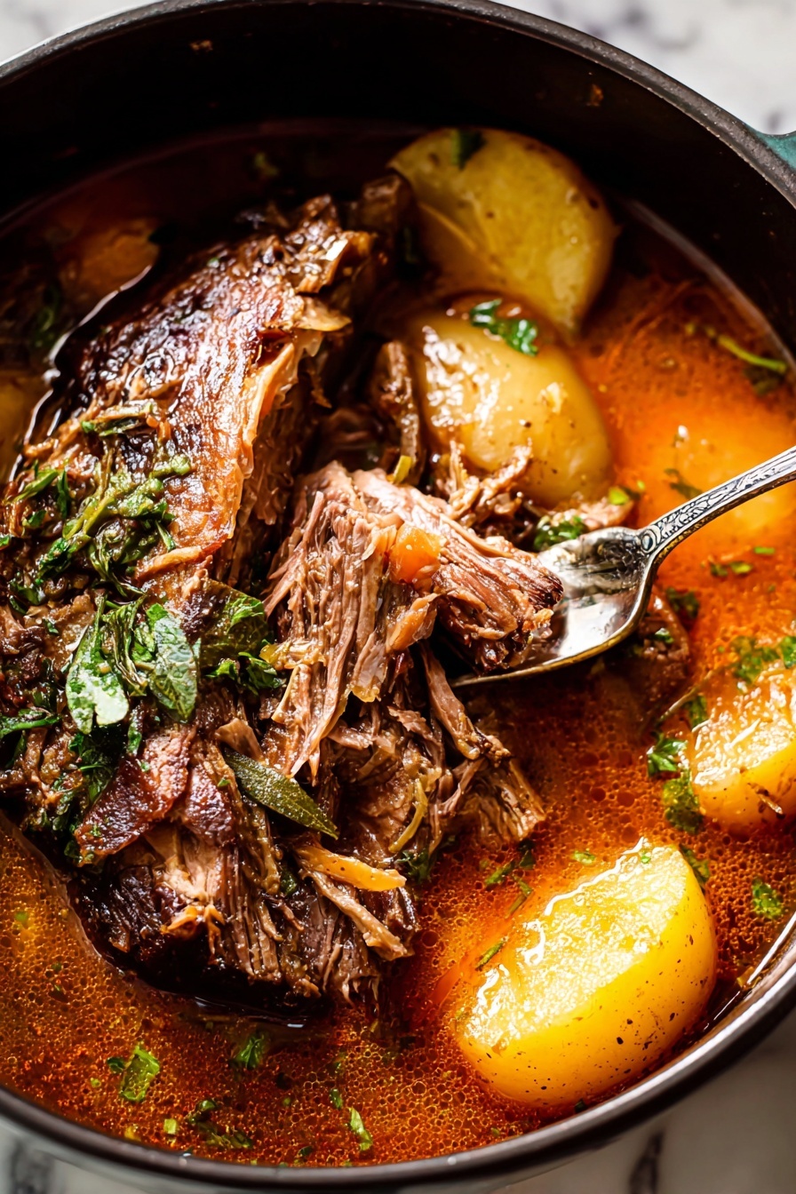 Braised Pork Shoulder with Apples, pork shoulder apple stew, comforting pork recipes, easy fall dinner ideas, slow braised pork with apples - The image shows a close-up of a rich stew in a dark pot placed on a white marbled surface. In the stew, there is a large piece of brown, cooked meat with textures of pulled, soft fibers, resting in the middle. Around the meat, there are orange-brown sauce layers with some shiny, smooth textures from the broth. Mixed in the stew are yellowish chunks of potatoes and green herbs scattered on top, adding a fresh look. A silver fork is pulling some meat from the main piece. The overall colors are warm with browns, oranges, yellows, and greens, creating a hearty, home-cooked style appearance. photo taken with an iphone --ar 2:3 --v 7