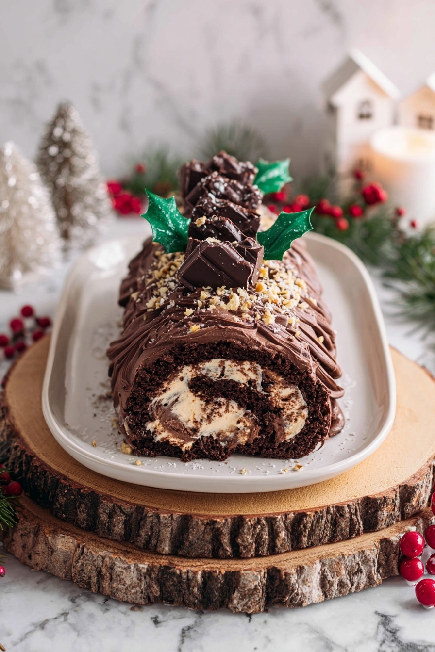 Chocolate Hazelnut Yule Log, chocolate hazelnut dessert, festive holiday cake, chocolate sponge roulade, holiday centerpieces - The image shows a Yule log cake on a white rectangular plate placed on a wooden round board. The cake has one main layer covered in smooth chocolate cream with dark chocolate ribbon-like strips laid vertically on top, creating a wavy texture. There are small pieces of chopped nuts sprinkled over the chocolate ribbons and around the plate. On top of the cake, a cluster of glossy green holly leaves and bright red berries adds a festive touch. The background features a white marbled surface with decorative mini snowy trees, white houses, and red berries scattered around, giving a winter holiday feel. photo taken with an iphone --ar 2:3 --v 7