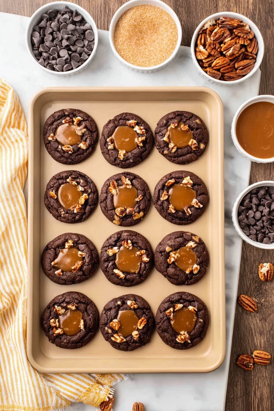Chocolate Caramel Pecan Turtle Cookies, turtle candy cookies, caramel pecan chocolate cookies, chewy turtle cookie recipe, indulgent turtle cookie treats - A tray with 15 dark brown round cookies arranged in five rows and three columns, each cookie topped in the center with a caramel pool. Around the caramel are small pieces of chopped pecans and chocolate chips scattered over the cookies. The tray is beige and placed on a white marbled surface. Above the tray are four small white bowls containing dark chocolate chips, pecan halves, whole caramel candies, and light brown sugar. A white and yellow striped cloth is placed on the bottom left corner of the surface. Photo taken with an iphone --ar 2:3 --v 7