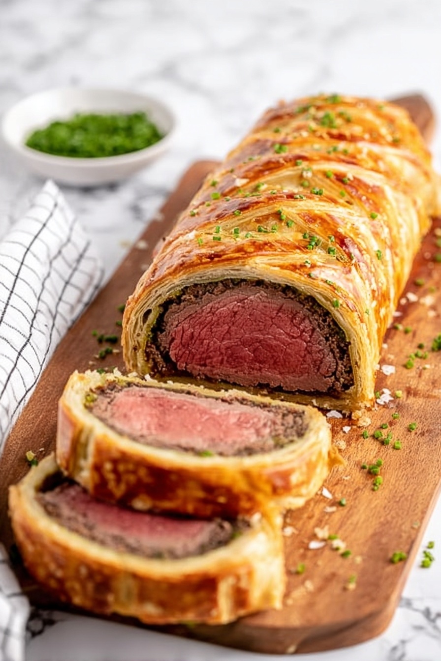 Beef Wellington, Beef Wellington recipe, how to make Beef Wellington, Beef Wellington with puff pastry, classic Beef Wellington - A Beef Wellington loaf is sliced into three pieces showing layers from outside to inside: a shiny golden-brown flaky pastry crust with light flakes scattered around, a thin green herb layer inside the crust, then a rich brown mushroom mixture, and a thick center of pink juicy beef. The three pieces are placed on a wooden board with some green chopped herbs sprinkled on and near them. In the background, there is a small white bowl filled with chopped green herbs and a folded white cloth with a black grid pattern. The scene rests on a white marbled surface. Photo taken with an iphone --ar 2:3 --v 7