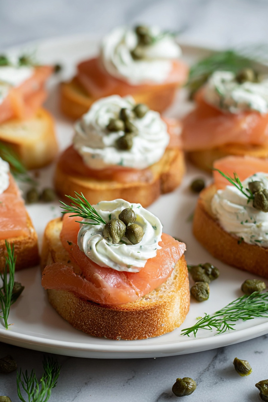 Smoked Salmon Crostini, smoked salmon appetizer, easy smoked salmon bites, elegant party appetizers, quick crostini recipes - The image shows small white toasted bread slices as the base layer, each topped with a smooth layer of pink salmon. On top of the salmon, there is a swirl of white cream cheese mixed with herbs, giving a soft and fluffy texture. Each swirl is decorated with a small green caper and a sprig of fresh green dill. The white plate holding the toasts sits on a white marbled surface, with more capers and dill scattered around for decoration. The photo taken with an iphone --ar 2:3 --v 7