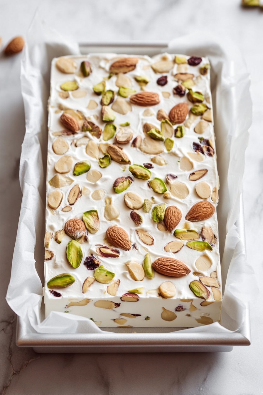 Homemade Italian Torrone Nougat, Italian Torrone Nougat, how to make torrone, traditional Italian nougat, homemade Italian candy - A rectangular block of white nougat is shown resting on white parchment paper inside a white tray, placed on a white marbled surface. The nougat has one thick layer, filled inside and topped with whole almonds, pistachios, and hazelnuts that add a mix of light brown, dark brown, and green colors scattered evenly on the smooth, slightly glossy white base. Photo taken with an iphone --ar 2:3 --v 7