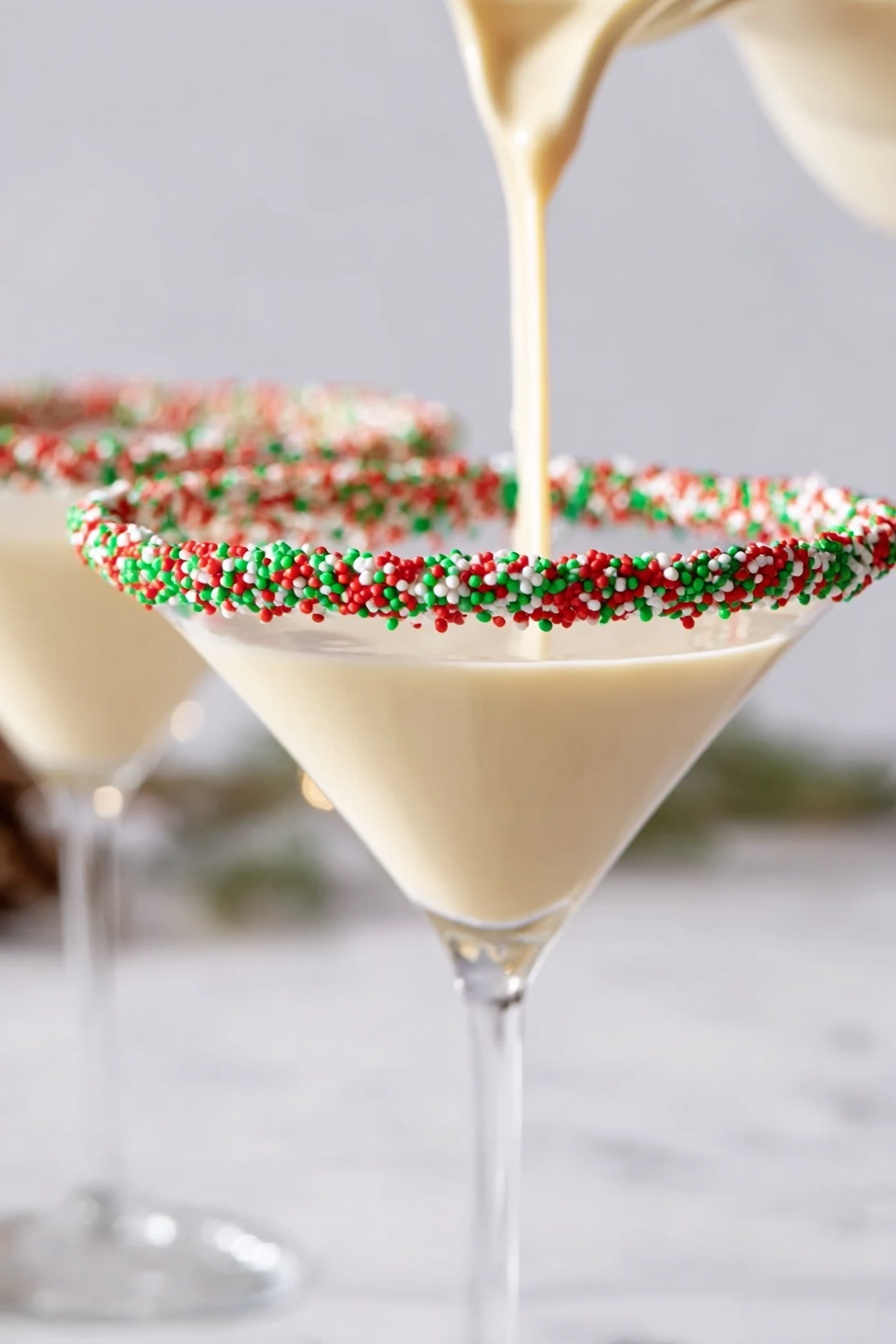 Sugar Cookie Martini, dessert cocktail recipes, festive drinks with alcohol, sweet creamy cocktails, easy holiday cocktails - A clear martini glass sits on a white marbled surface, filled with a creamy beige liquid. The rim of the glass is covered in white, green, and red round sprinkles, adding a festive touch. A woman's hand is pouring more of the same creamy drink into the glass from above. In the blurred background, there is another martini glass with the same drink. photo taken with an iphone --ar 2:3 --v 7