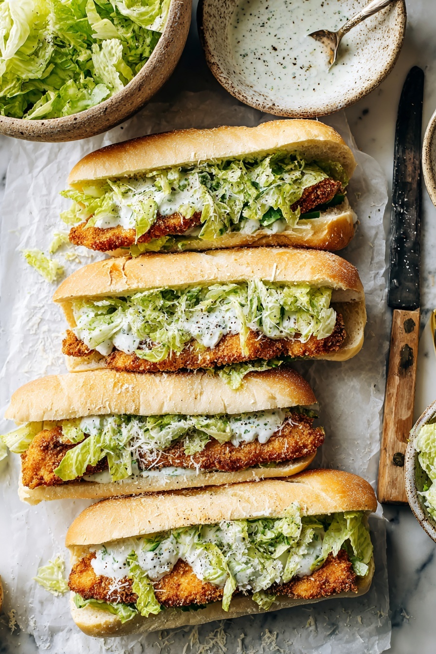 Chicken Caesar Sandwiches, Caesar chicken sandwich, crispy chicken sandwich, homemade Caesar dressing, easy chicken sandwich recipes - Four sandwiches are lined up on white parchment over a white marbled surface. Each sandwich has three layers: a soft, lightly toasted long white roll at the bottom with visible herbs, a crispy golden-brown breaded chicken strip in the middle, and a layer of fresh green lettuce mixed with creamy white dressing on top. Grated white cheese is sprinkled over the sandwiches. To the left, a brown bowl holds more fresh lettuce, and to the lower right, a rustic bowl contains white sauce with black pepper specks. A knife with a wooden handle lies near the lettuce bowl. The photo taken with an iphone --ar 2:3 --v 7