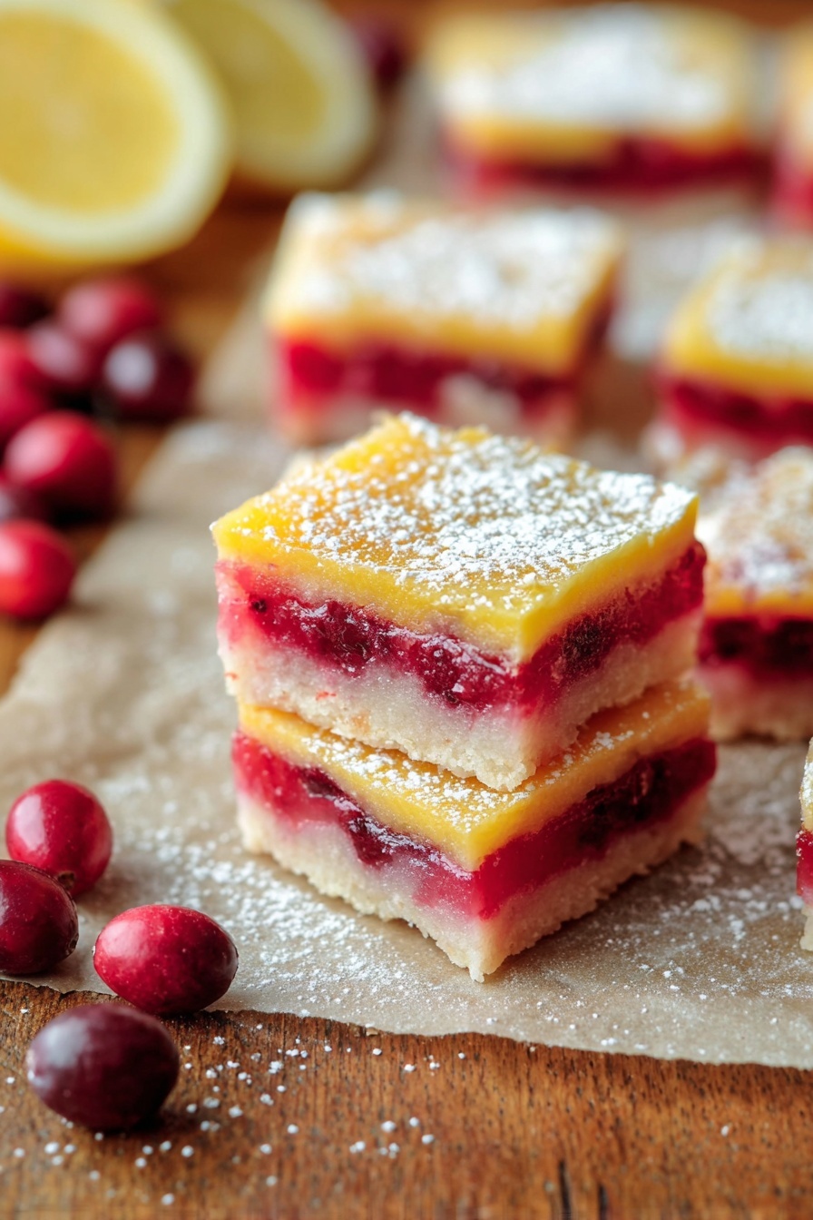 Cranberry Lemon Bars, cranberry lemon bars recipe, tart lemon bars with cranberries, easy cranberry lemon dessert, homemade cranberry lemon bars - The image shows square lemon cranberry bars with three visible layers: a pale, crumbly crust at the bottom, a bright red cranberry layer in the middle, and a smooth, glossy yellow lemon layer on top. The lemon layer is dusted with a light sprinkle of white powdered sugar. The bars are placed on light brown parchment paper, on top of a wooden surface, surrounded by fresh cranberries and two lemon halves on the left side. The focus is on one bar in the front, with the rest slightly blurred in the background. The scene is warm and natural, with soft light highlighting the texture and colors. photo taken with an iphone --ar 2:3 --v 7