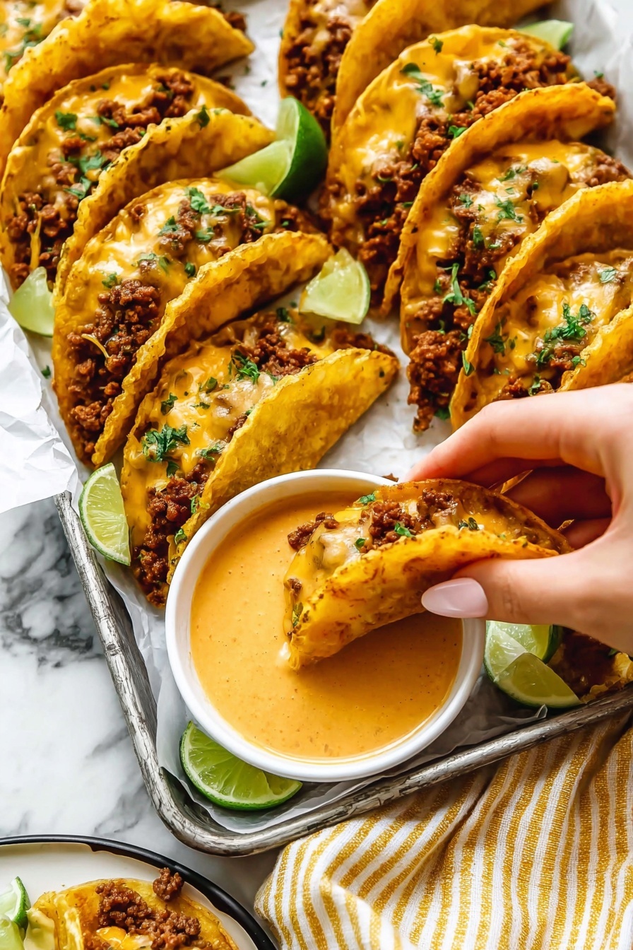 Baked Crispy Beef Tacos, crispy baked beef tacos, easy baked beef tacos, flavorful beef taco recipe, homemade beef tacos - The image shows small tacos filled with cooked ground meat and melted cheese, garnished with small green herbs on top. The tacos have a golden-brown crispy shell and are arranged close together on a metal tray lined with white paper. In the center of the tray is a small white bowl filled with a smooth, creamy orange dipping sauce. A woman's hand is holding one taco, dipping it into the sauce. In the bottom corner, part of a white plate with a black rim is visible, holding more tacos and lime wedges. A yellow and white striped cloth is placed near the tray on a white marbled surface photo taken with an iphone --ar 2:3 --v 7