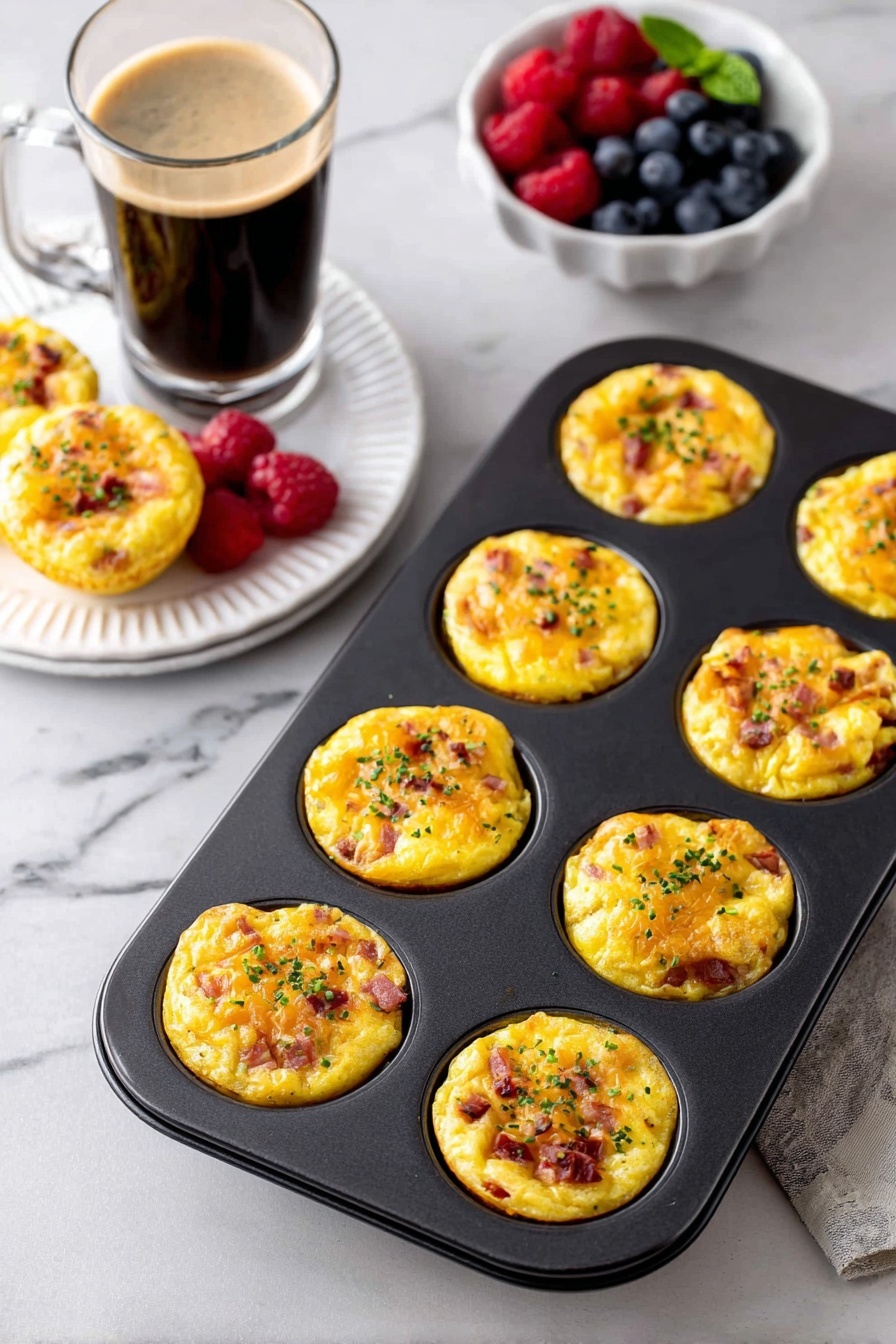 Easy Egg Bites, breakfast egg bites, cheesy egg bites, makeahead breakfast, healthy morning recipes - A black muffin tray holds six golden yellow egg muffins, each filled with bits of browned ham and melted cheese, topped with small green herb sprinkles. Nearby, four more egg muffins rest on a white fluted plate, accompanied by fresh red raspberries and blueberries. To the left, a glass of dark coffee with light foam sits on a white marbled surface, and to the right, a small white bowl contains more blueberries and raspberries with a small green mint leaf on top. Photo taken with an iphone --ar 2:3 --v 7