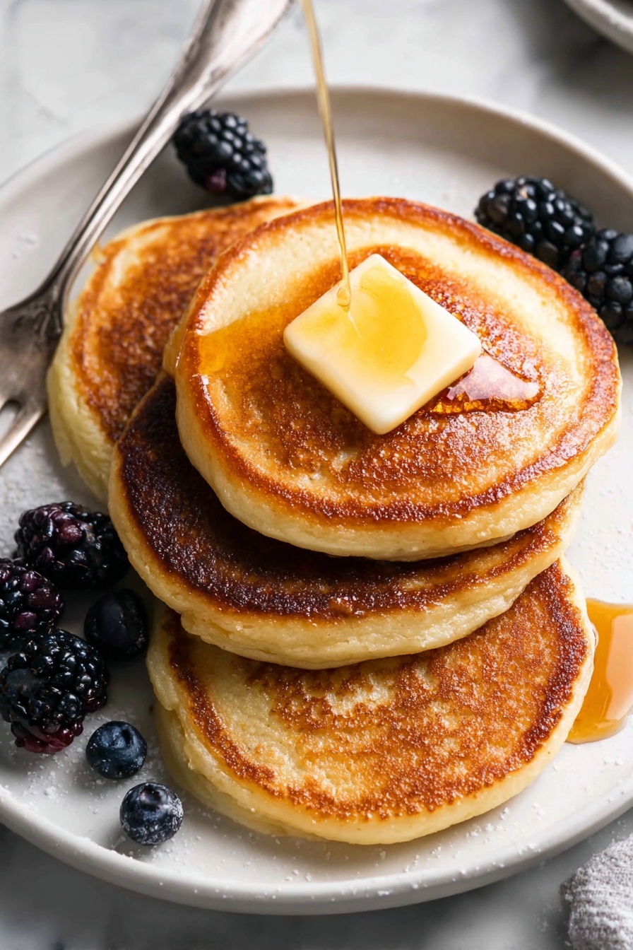 Healthy Greek Yogurt Pancakes, Greek Yogurt Pancakes, Healthy Breakfast Recipes, Fluffy Protein Pancakes, Easy Greek Yogurt Breakfast - A white plate with four thick golden-brown pancakes stacked closely together, one pancake has a square pat of melting butter on top with syrup dripping over it, another pancake is being drizzled with amber syrup, creating a glossy texture. Around the pancakes are fresh blackberries and blueberries adding dark purple and blue colors as accents. A silver fork lies on the left side of the plate, resting on the white marbled surface. The pancakes have a detailed, slightly crispy edge and soft bubbles on the surface, showing a warm, inviting texture. photo taken with an iphone --ar 2:3 --v 7