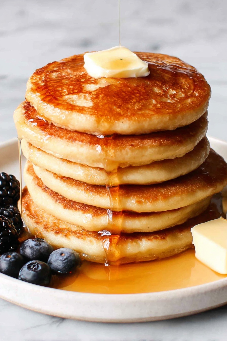 Healthy Greek Yogurt Pancakes, Greek Yogurt Pancakes, Healthy Breakfast Recipes, Fluffy Protein Pancakes, Easy Greek Yogurt Breakfast - A stack of four thick, golden-brown pancakes with a slightly crispy edge sits in the center of a white plate. The pancakes have a soft, fluffy texture and are topped with a melting pat of butter. Amber syrup flows down the sides, dripping over each pancake layer and pooling at the bottom of the stack. On the left side of the plate, there are plump blackberries and blueberries adding deep purple and blue colors near the base of the stack. To the right, there is part of a pancake topped with an additional pat of butter. The whole scene is set on a white marbled surface. Photo taken with an iphone --ar 2:3 --v 7
