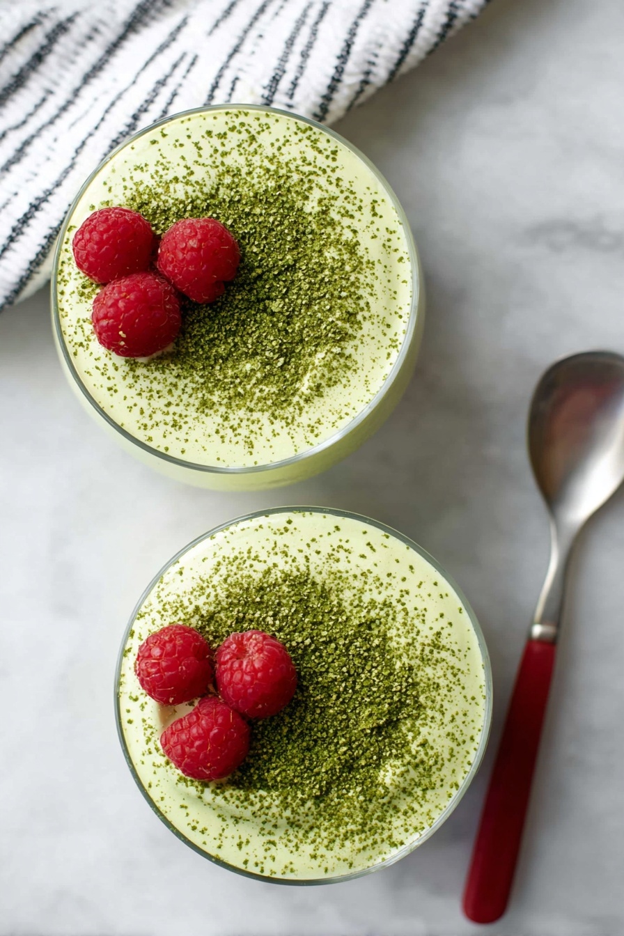 Matcha Protein Chia Pudding, healthy matcha breakfast, high-protein chia pudding, energizing green pudding, easy nutritious chia recipe - Two round glasses filled with a creamy light green mousse topped with a dusting of darker green powder evenly spread on the surface. Each mousse has two bright red raspberries placed near the top edge. The glasses sit on a white marbled surface. A spoon with a red handle is placed next to the bottom glass. Part of a white and black striped cloth is visible on the top left corner. Photo taken with an iphone --ar 2:3 --v 7