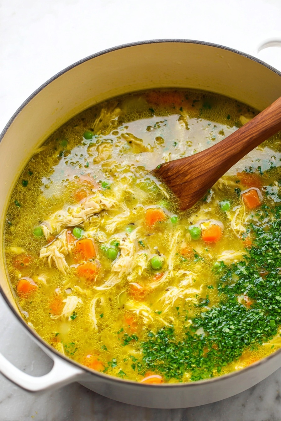 Turmeric Chicken Soup with Coconut Milk, healthy turmeric chicken soup, nourishing coconut milk soup, spicy turmeric chicken broth, easy chicken and turmeric soup - A close-up view of a white pot filled with a yellowish-green chicken soup with visible small pieces of shredded chicken, orange carrot slices, green peas, and diced onion. The soup has a slightly oily surface with chopped green herbs sprinkled on top, especially concentrated along one side. A wooden spoon is partially submerged on the right side, stirring the soup. The pot sits on a white marbled surface visible in the background photo taken with an iphone --ar 2:3 --v 7