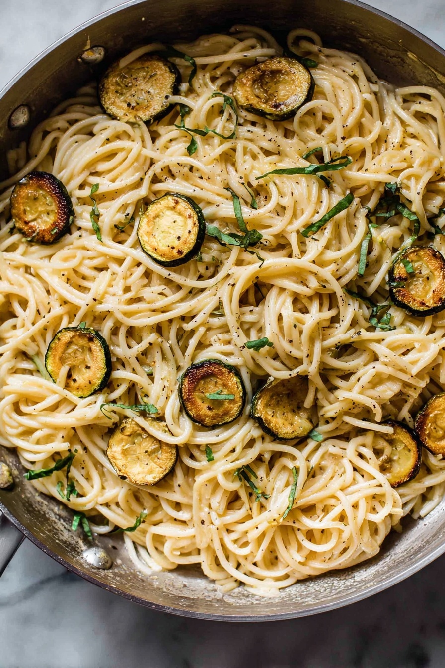 Creamy Zucchini Spaghetti, zucchini pasta with creamy sauce, healthy zucchini noodle recipe, summer vegetable pasta, easy veggie pasta dish - A close-up of a pan filled with creamy spaghetti noodles that are slightly twisted and intertwined. Scattered on top are small round pieces of golden brown cooked zucchini with a slight crisp texture on the edges. Thin strips of fresh green herbs are also sprinkled evenly over the pasta. The pasta has a light-colored cream sauce coating with a mild shine, and a few light specks of black pepper are visible throughout. The pan sits on a white marbled surface. photo taken with an iphone --ar 2:3 --v 7