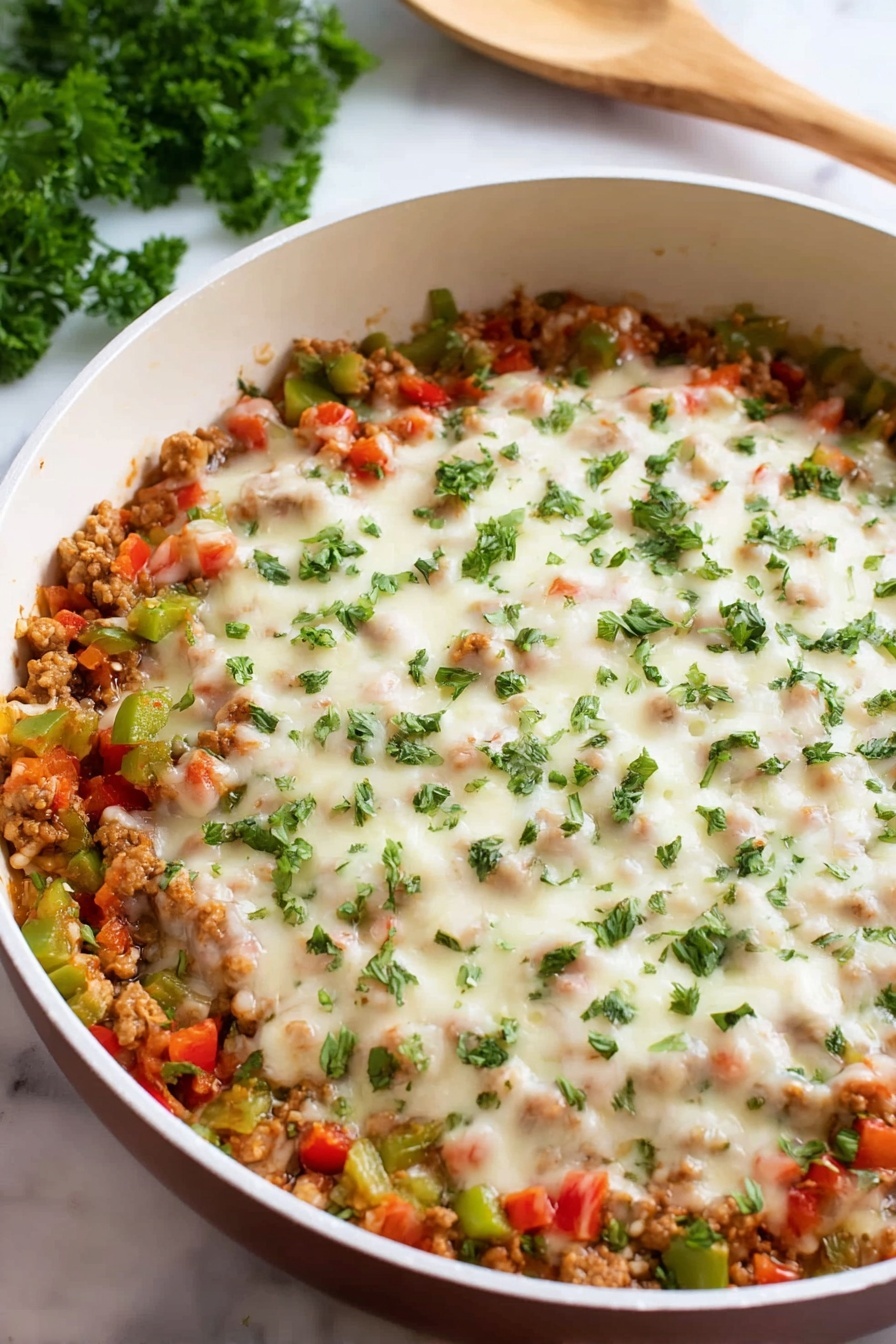 Stuffed Pepper Casserole with Sausage and Rice, easy stuffed pepper casserole, healthy sausage and rice skillet, comforting weeknight dinner, one-pan stuffed pepper recipe - The image shows a white pan filled with a colorful baked dish. The dish has a base layer of cooked minced meat mixed with diced green and red bell peppers and small pieces of tomato. On top, there is a thick, even layer of melted white cheese that covers most of the ingredients, sprinkled with finely chopped fresh green herbs. The pan sits on a white marbled surface with fresh parsley in the background and a light wooden spoon nearby. The colors are warm and inviting with a mix of reds, greens, and creamy white from the cheese. Photo taken with an iphone --ar 2:3 --v 7
