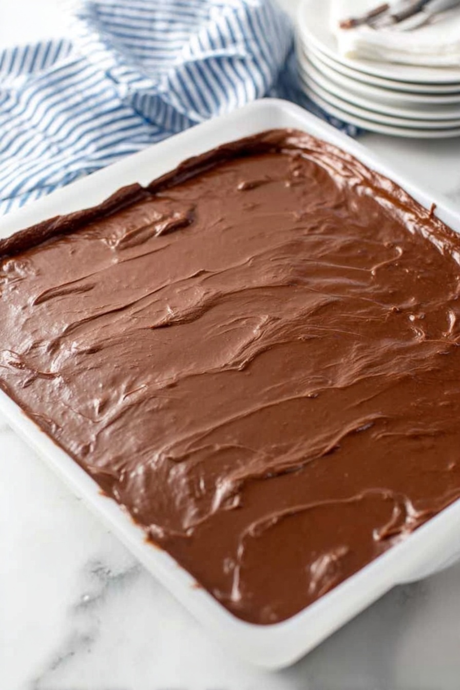 Texas Sheet Cake with Chocolate Frosting, moist chocolate cake recipe, easy Texas sheet cake, quick chocolate sheet cake, crowd-pleasing chocolate cake - A large white tray filled with a smooth, thick layer of shiny chocolate batter, spread evenly with slight ridges and soft peaks across the entire surface. The background includes a white marbled texture with a stack of white plates and white paper napkins on the top right, and a striped cloth in blue and white behind them. The chocolate layer looks rich and moist with a soft texture, covering the whole tray in one even layer. Photo taken with an iphone --ar 2:3 --v 7