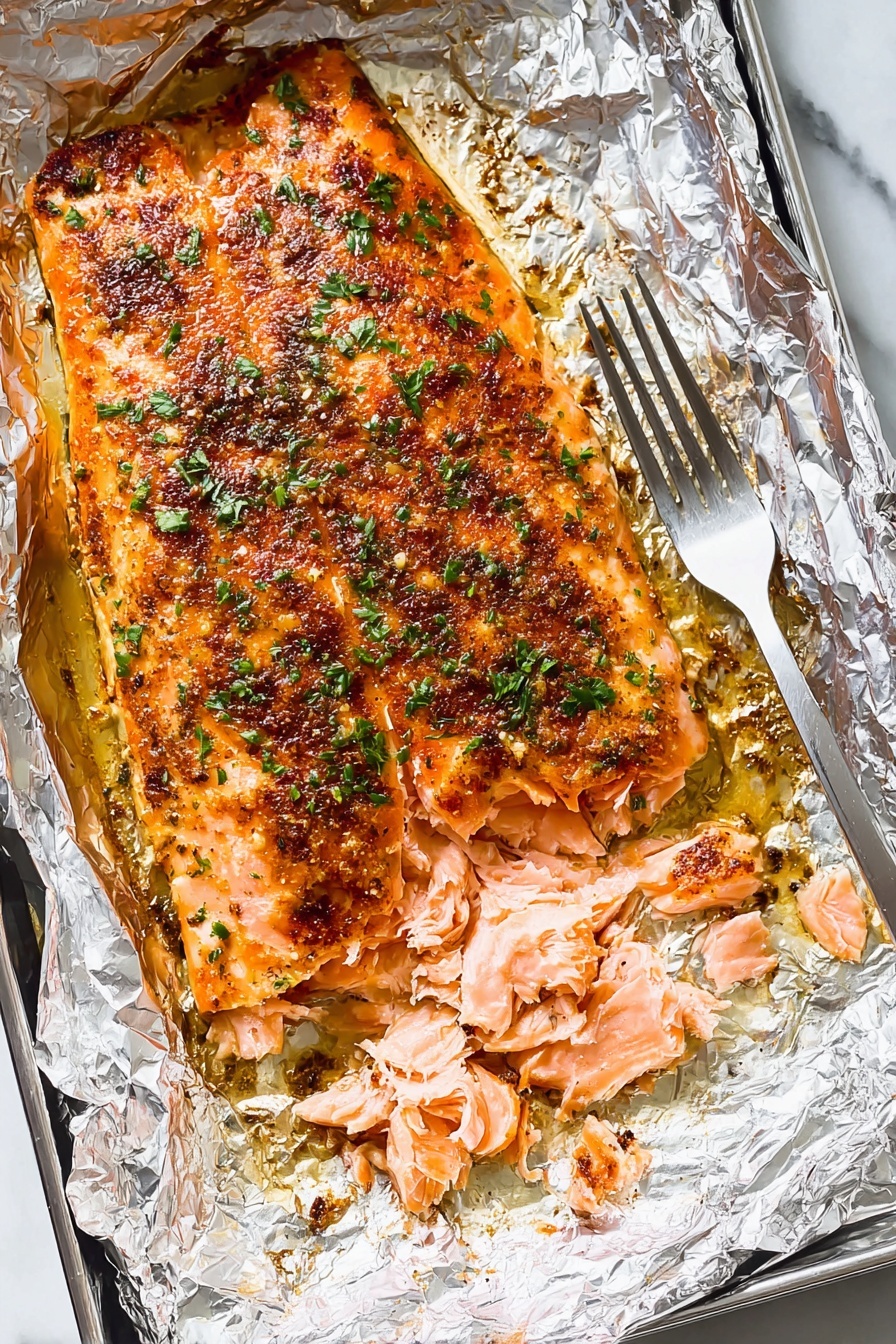 Oven Baked Salmon with Garlic and Herbs, healthy baked salmon, easy salmon dinner, flavorful salmon recipes, quick garlic herb salmon - The image shows a close-up of cooked salmon with a crispy, browned spice crust on top. The salmon flakes are visible, showing soft, pink layers underneath the browned surface with some green herb bits scattered on top. The fish is placed on a piece of shiny foil inside a metal baking tray. To the right side, a fork is partially stuck into the salmon, lifting some flakes. The whole scene is set on a white marbled surface with a white cloth nearby, and a woman's hand is holding the tray. Photo taken with an iphone --ar 2:3 --v 7