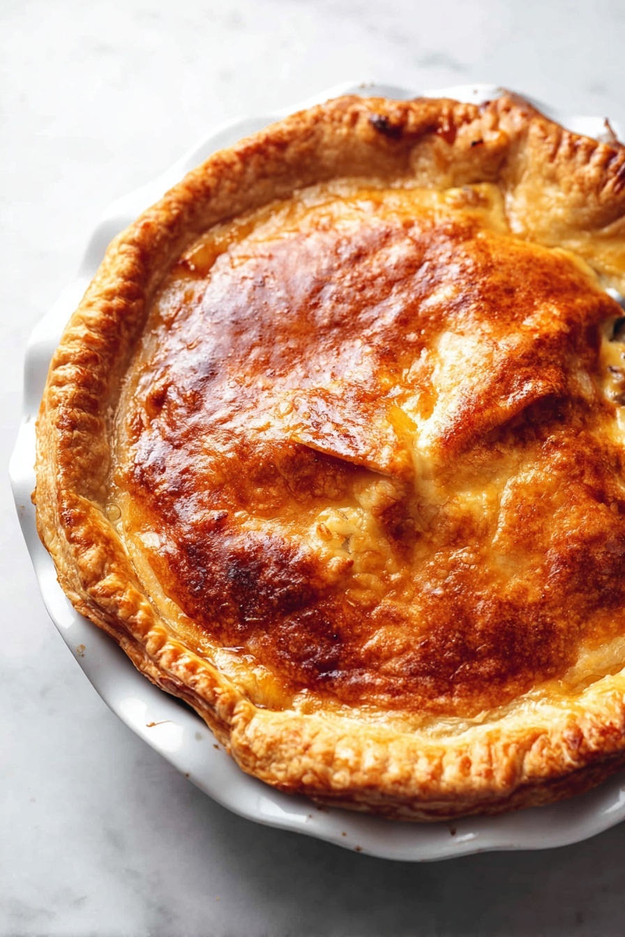 Creamy Chicken Mushroom Pie, savory chicken pie, easy chicken mushroom dish, comforting chicken pastry, flaky puff pastry chicken pie - A round pastry pie with a thick golden-brown crust baked to a crispy texture. The top layer is smooth and shiny, covering the pie completely, with slightly raised edges showing a folded or crimped pattern. The pie sits on a white ceramic dish with scalloped edges. The background is a white marbled surface. photo taken with an iphone --ar 2:3 --v 7