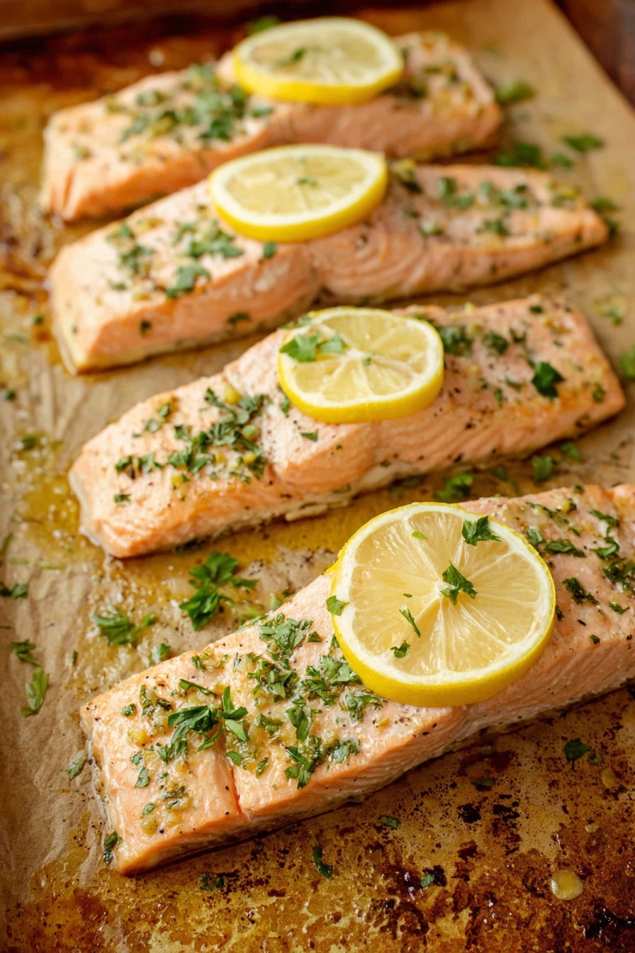 Oven-Baked Lemon Herb Salmon, Honey Lemon Salmon, Baked Salmon with Herbs and Lemon, Healthy Salmon Dinner, Easy Salmon Recipes - Four cooked salmon fillets lie side by side on a baking tray with a slightly browned surface. Each salmon fillet is light pink with a moist and soft texture, sprinkled with small green herb pieces on top. A thin, round lemon slice with pale yellow color and visible seeds rests on each fillet. The background shows the textured baking tray with some scattered oil and browned bits. photo taken with an iphone --ar 2:3 --v 7