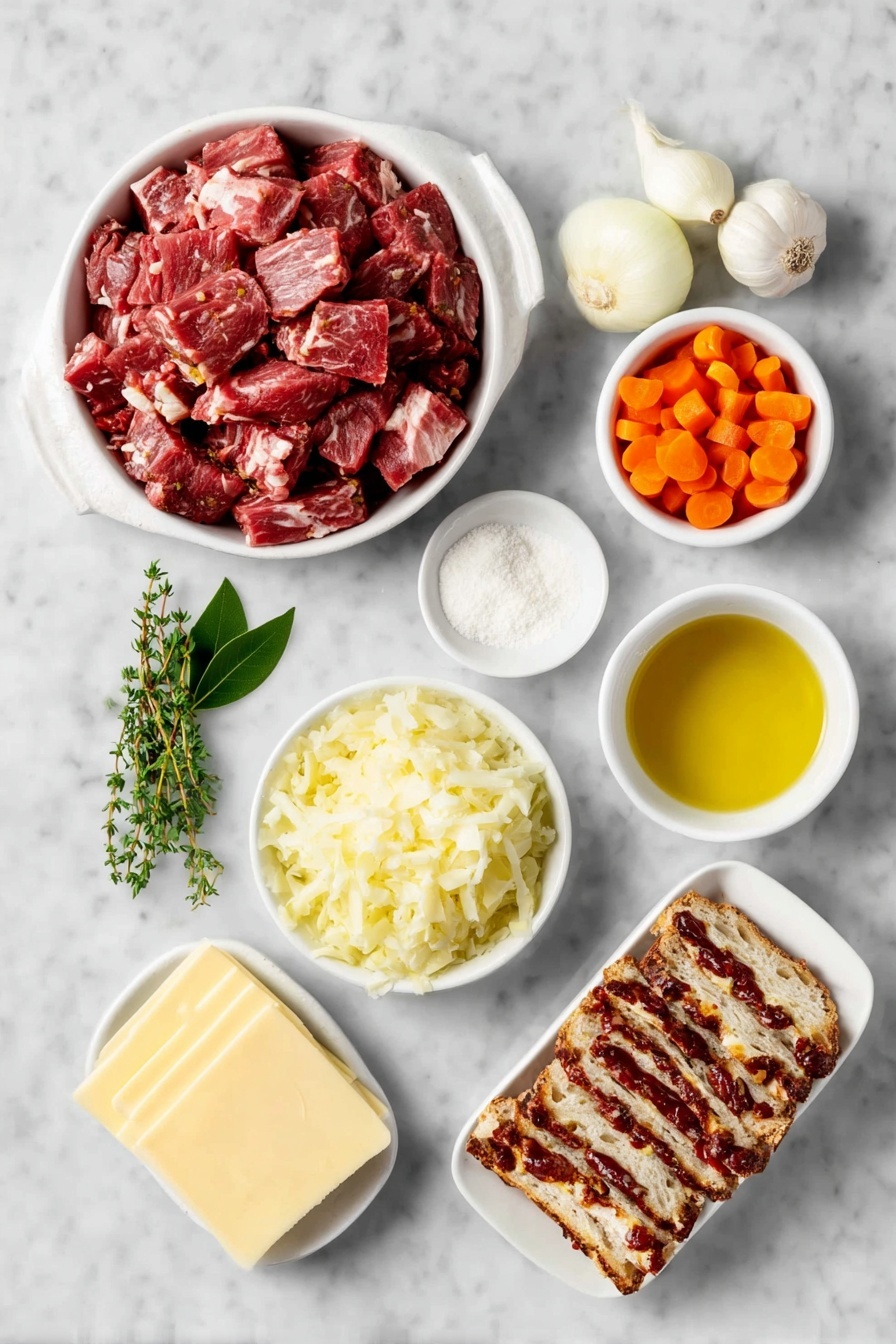 Reuben Soup with Swiss Cheese and Corned Beef, Reuben Soup recipe, hearty deli-inspired soup, easy Reuben soup, comforting corned beef soup - Flat lay of a diced pile of lean cooked corned beef, a small white bowl of sauerkraut, a chopped yellow onion, four chopped fresh carrots, three peeled garlic cloves, a sprig of fresh oregano, one fresh bay leaf, a small white bowl with clear cold water, a small white bowl with white cornstarch powder, a small white bowl of heavy cream, neatly stacked slices of Swiss cheese, a small white bowl of golden extra-virgin olive oil, and six slices of marbled rye bread arranged in a simple white ceramic dish, placed on a clean white marble surface, soft natural light, photo taken with an iPhone, professional food photography style, fresh ingredients, white ceramic bowls, no bottles, no duplicates, no utensils, no packaging --ar 2:3 --v 7 --p m7354615311229779997