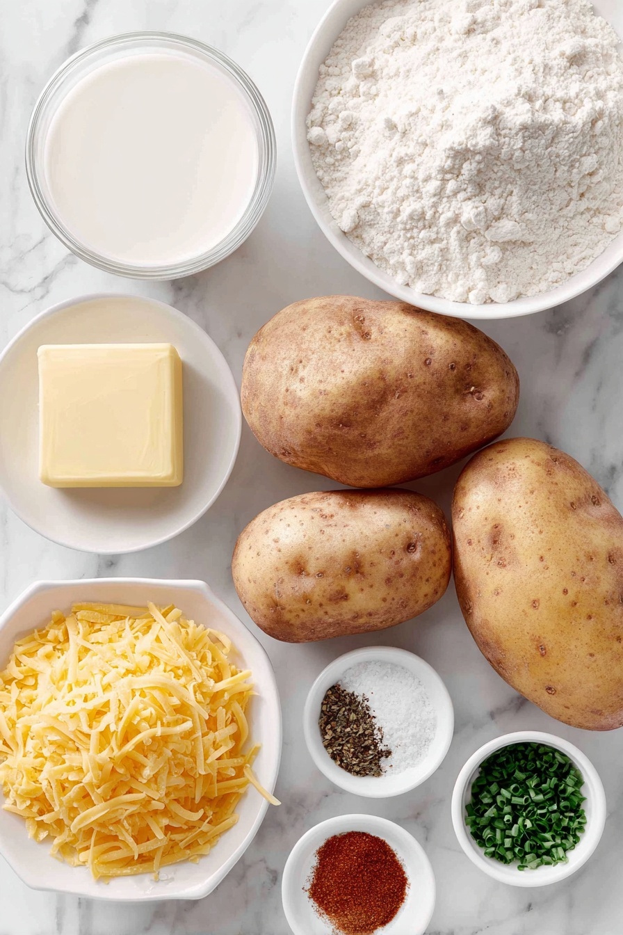 Cheesy Scalloped Potatoes, cheesy potato casserole, creamy scalloped potatoes, easy scalloped potatoes recipe, cheesy potato side dish - Flat lay of whole russet potatoes with rough brown skins, a small pat of creamy yellow butter, a small white ceramic bowl of fine all-purpose flour, a small white bowl filled with creamy white milk, a small white bowl containing freshly ground black pepper and coarse salt, a neat pile of bright orange shredded sharp cheddar cheese, a tiny mound of vibrant red paprika powder, and a small cluster of finely chopped fresh green chives and parsley, all arranged symmetrically on a clean white marble surface, soft natural light, photo taken with an iPhone, professional food photography style, fresh ingredients, white ceramic bowls, no bottles, no duplicates, no utensils, no packaging --ar 2:3 --v 7 --p m7354615311229779997