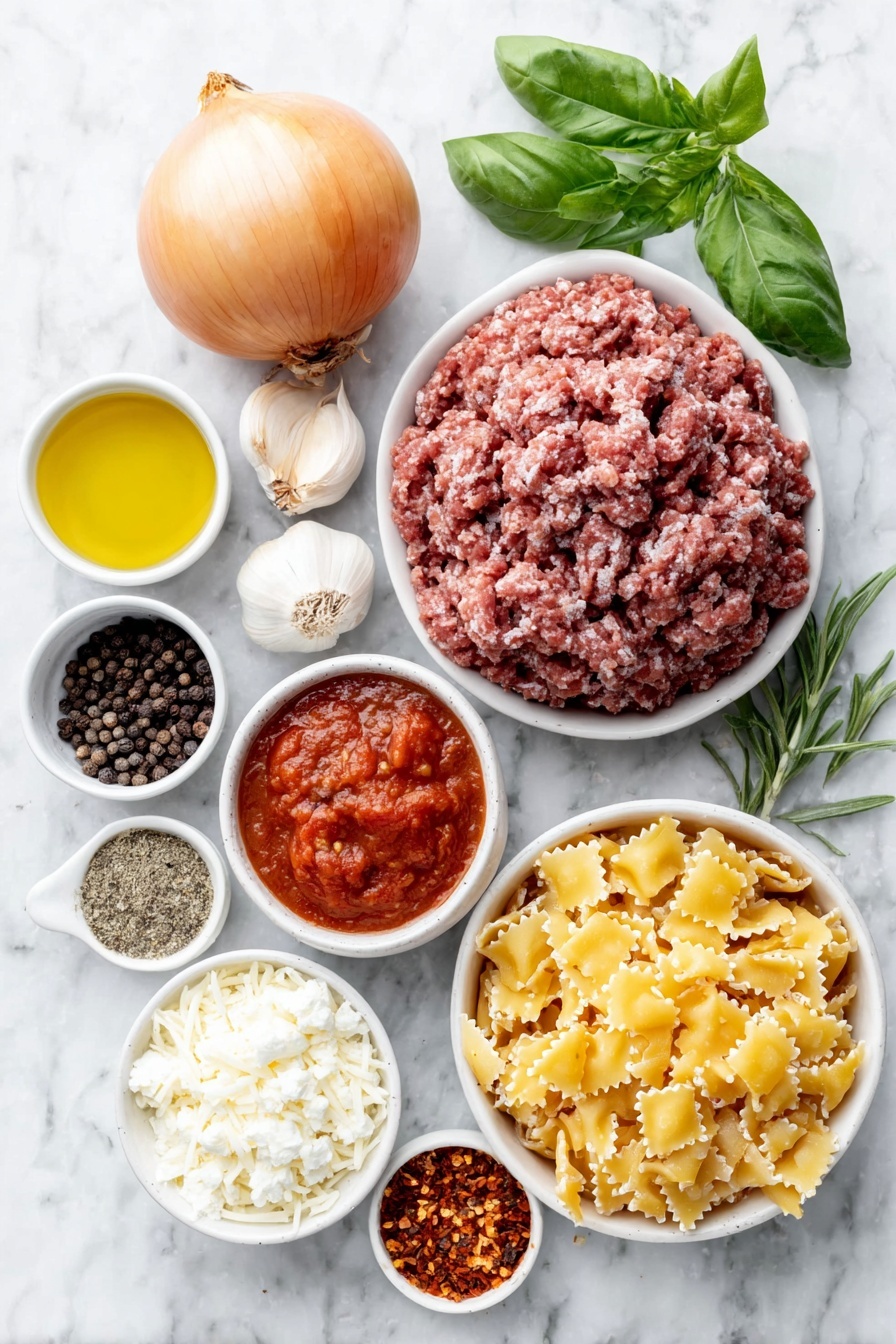 Homemade Lasagna Hamburger Helper, easy cheesy dinner recipes, quick ground beef pasta, homemade comfort food, family-friendly dinner ideas - Flat lay of a small white ceramic bowl filled with extra virgin olive oil, a whole small yellow onion with its papery skin partially peeled, a mound of fresh lean ground beef, a small white bowl with coarse kosher salt, another small white bowl with whole black peppercorns, a small white bowl holding thick red tomato paste, two whole cloves of fresh garlic, a small white bowl containing dried Italian seasoning blend, a small white bowl with red pepper flakes, a simple white ceramic bowl heaped with crushed ripe red tomatoes, a white ceramic bowl filled with rich beef broth, a neat pile of uncooked mini lasagna-shaped pasta pieces, a small white bowl with shredded mozzarella cheese, a small white bowl with grated parmesan cheese, a small white bowl holding creamy whole milk ricotta cheese, and a few sprigs of fresh green basil arranged carefully, all placed on a clean white marble surface, soft natural light, photo taken with an iPhone, professional food photography style, fresh ingredients, white ceramic bowls, no bottles, no duplicates, no utensils, no packaging --ar 2:3 --v 7 --p m7354615311229779997
