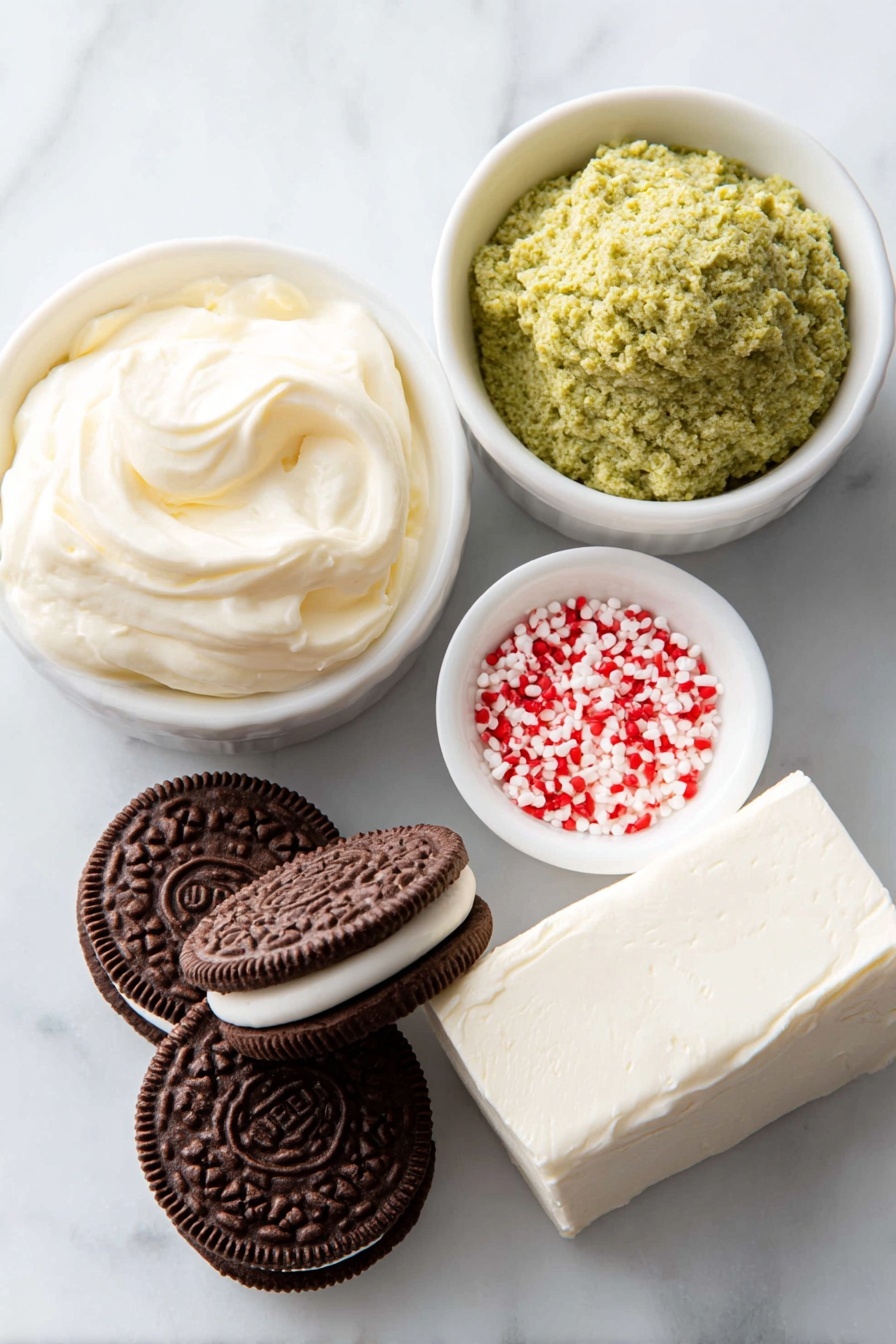 Grinch Oreo Truffles with Red Velvet Cookies, festive holiday treats, Christmas dessert recipes, no-bake truffle recipes, cute holiday candy bites - Flat lay of a small pile of whole Red Velvet Oreo cookies with their deep red and white cream centers visible in one opened cookie, a block of smooth cream cheese still in its shape, a small white bowl filled with vibrant green candy melts, and another small white bowl holding tiny red heart sprinkles, all arranged neatly with perfect symmetry on a simple white ceramic plate and bowls, placed on a clean white marble surface, soft natural light, photo taken with an iPhone, professional food photography style, fresh ingredients, white ceramic bowls, no bottles, no duplicates, no utensils, no packaging --ar 2:3 --v 7 --p m7354615311229779997