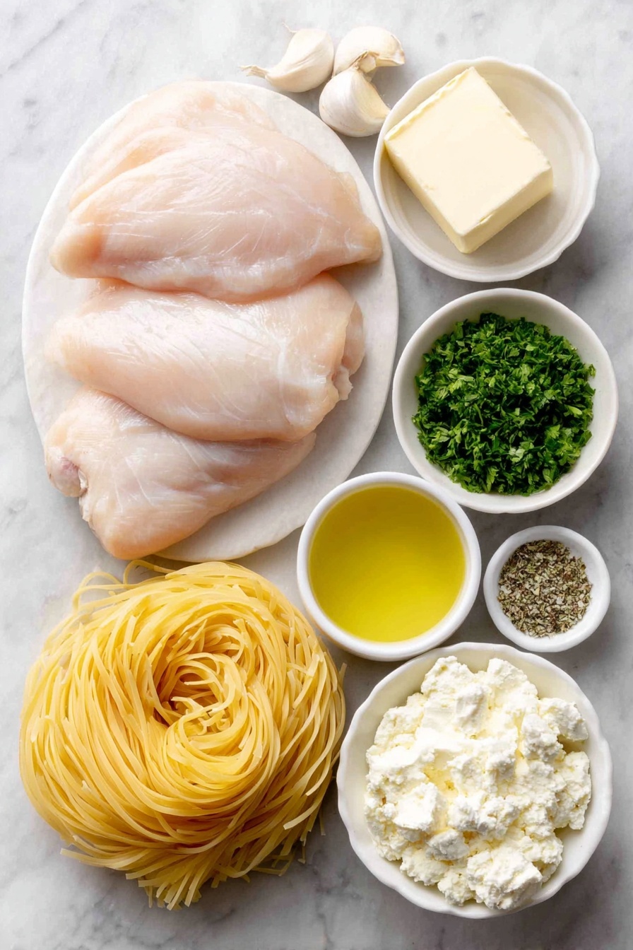 Creamy Crock Pot Angel Chicken, slow cooker chicken recipes, easy creamy chicken dinner, no-fuss crockpot chicken, beginner-friendly slow cooker meals - Flat lay of fresh boneless, skinless chicken breasts, a half block of creamy white cream cheese softened to room temperature, a few tablespoons of smooth unsalted butter softened to room temperature, three peeled garlic cloves, a small white ceramic bowl filled with light golden vegetable oil, a small white ceramic bowl of pale yellow chicken broth, a small white ceramic bowl with smooth cream of chicken soup, a small white ceramic bowl containing dry Italian seasoning mix with visible herbs, a neatly coiled portion of delicate angel hair pasta, and a small bunch of bright green chopped fresh parsley placed on a simple white ceramic dish, all arranged symmetrically on a clean white marble surface, soft natural light, photo taken with an iPhone, professional food photography style, fresh ingredients, white ceramic bowls, no bottles, no duplicates, no utensils, no packaging --ar 2:3 --v 7 --p m7354615311229779997