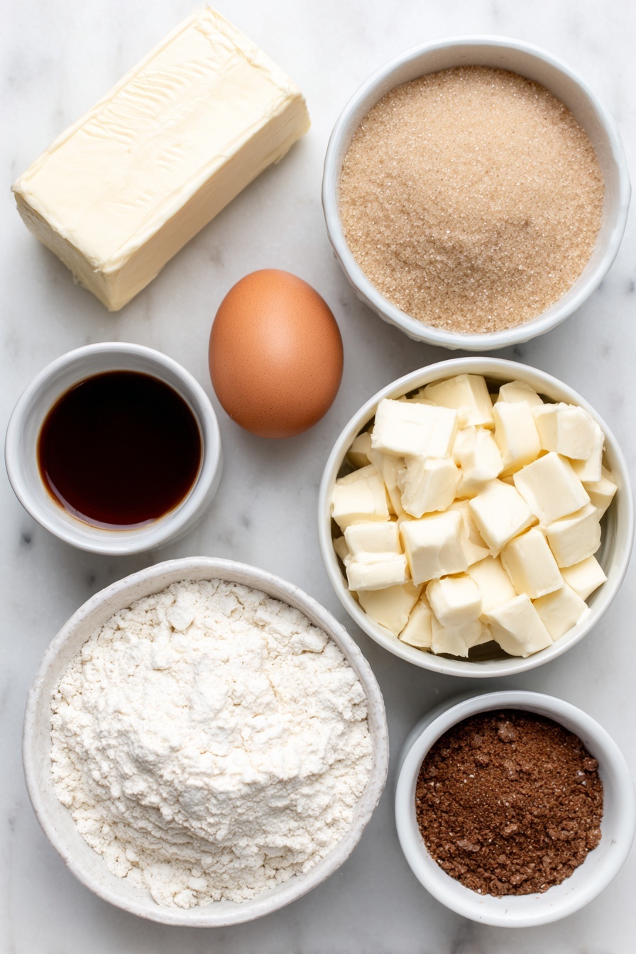 Eggnog Snickerdoodle Thumbprint Cookies, holiday eggnog cookies, cinnamon sugar thumbprint cookies, festive cookie recipes, creamy eggnog filling cookies - Flat lay of a stick of unsalted butter with a smooth, creamy texture, a small mound of light brown sugar with a sandy appearance, a small pile of fine white granulated sugar, a single medium egg with a clean, uncracked shell, a small white ceramic bowl of clear vanilla extract, a small heap of all-purpose flour with a soft powdery look, a tiny pinch of coarse kosher salt crystals, a small mound of fine baking soda powder, a small amount of cream of tartar powder, a simple white ceramic bowl holding a mixture of cinnamon and white sugar with warm brown and off-white colors, small irregular chunks of white chocolate with a soft ivory tone, a small white ceramic bowl filled with creamy pale yellow eggnog, a small white ceramic bowl containing amber-colored dark rum, and a small pile of freshly grated nutmeg with a light brown, fibrous texture — all ingredients arranged symmetrically and balanced, on a clean white marble surface, soft natural light, photo taken with an iPhone, professional food photography style, fresh ingredients, white ceramic bowls, no bottles, no duplicates, no utensils, no packaging --ar 2:3 --v 7 --p m7354615311229779997