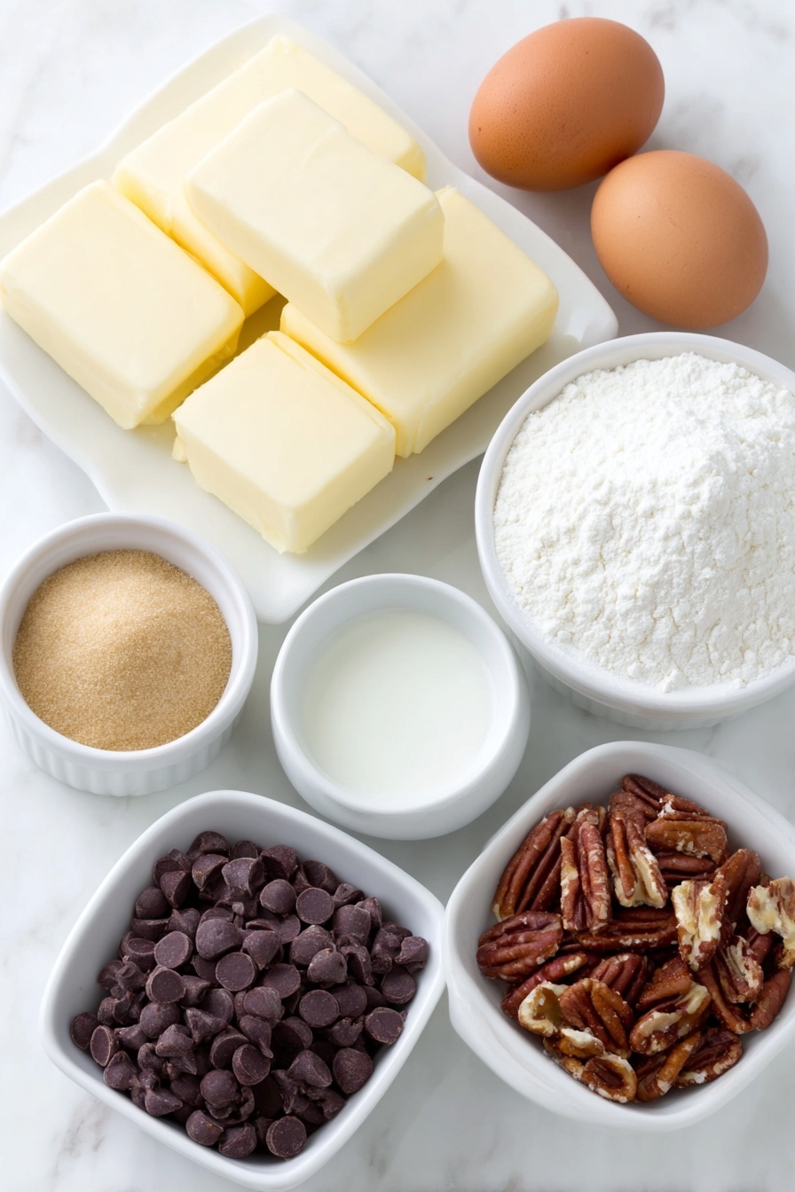 Chocolate Caramel Pecan Turtle Cookies, turtle candy cookies, caramel pecan chocolate cookies, chewy turtle cookie recipe, indulgent turtle cookie treats - Flat lay of unsalted butter sticks softened, a small white bowl of granulated sugar, a small white bowl of packed light brown sugar, two whole uncracked brown eggs, a small white bowl of vanilla extract, a small white bowl of all-purpose flour, a small white bowl of unsweetened cocoa powder, a small white bowl of baking soda, a small white bowl of salt, a simple white ceramic dish holding chopped soft caramels, a simple white ceramic dish with chopped pecans, a small white bowl filled with chocolate chips, and a small white bowl with coconut oil placed on a clean white marble surface, soft natural light, photo taken with an iPhone, professional food photography style, fresh ingredients, white ceramic bowls, no bottles, no duplicates, no utensils, no packaging --ar 2:3 --v 7 --p m7354615311229779997