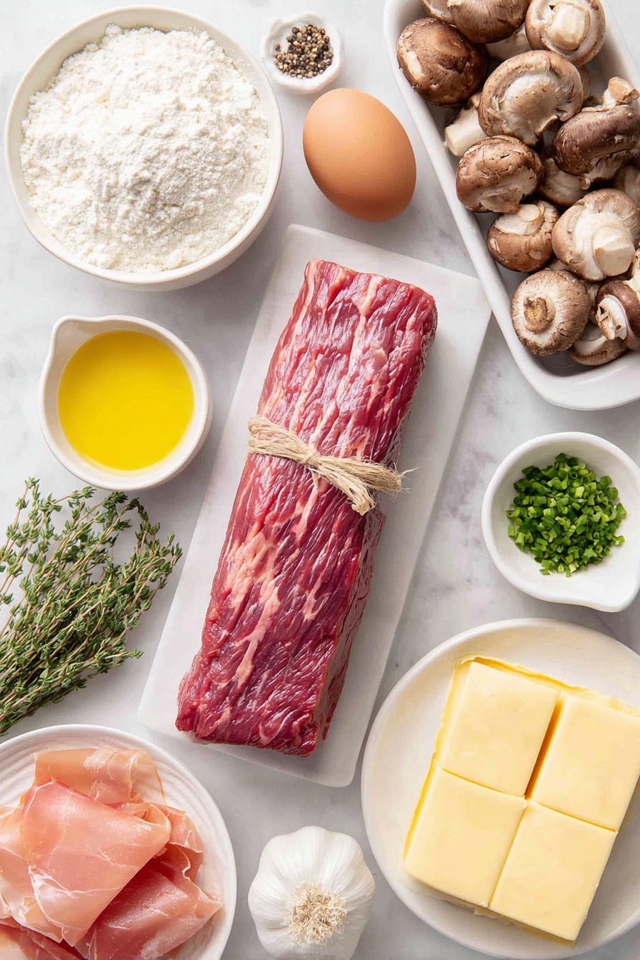 Beef Wellington, Beef Wellington recipe, how to make Beef Wellington, Beef Wellington with puff pastry, classic Beef Wellington - Flat lay of a whole center-cut beef tenderloin tied with butcher’s twine, a small mound of kosher salt crystals, a small pile of freshly ground black pepper, a small white ceramic bowl of golden olive oil, a small white ceramic bowl of pale yellow Dijon mustard, a mix of fresh button, cremini, shiitake, and portobello mushrooms roughly chopped, two medium shallots roughly chopped, a few fresh thyme sprigs with bright green leaves, four whole garlic cloves with skins on, a small white ceramic bowl of salted butter, twelve thin slices of pink prosciutto arranged overlapping, a neat pile of white all-purpose flour, a sheet of thawed pale yellow puff pastry, one whole uncracked large brown egg, a small heap of coarse flaky sea salt crystals, and a bunch of fresh finely minced chives with bright green stems—all arranged symmetrically on simple white ceramic dishes and plates—placed on a clean white marble surface, soft natural light, photo taken with an iPhone, professional food photography style, fresh ingredients, white ceramic bowls, no bottles, no duplicates, no utensils, no packaging --ar 2:3 --v 7 --p m7354615311229779997