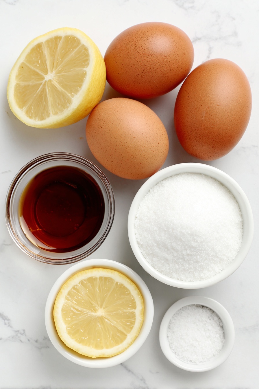 Italian Wine Custard Zabaglione, Zabaglione dessert, Italian custard recipe, wine-infused Italian dessert, easy Italian Zabaglione - Flat lay of four whole large brown eggs with clean shells, a small white ceramic bowl filled with fine white granulated sugar, a small white ceramic bowl containing light amber Marsala wine, a fresh bright yellow lemon wedge with a small white ceramic bowl of freshly squeezed lemon juice, and a pinch of salt in a tiny white ceramic bowl, all arranged symmetrically on a clean white marble surface, soft natural light, photo taken with an iPhone, professional food photography style, fresh ingredients, white ceramic bowls, no bottles, no duplicates, no utensils, no packaging --ar 2:3 --v 7 --p m7354615311229779997