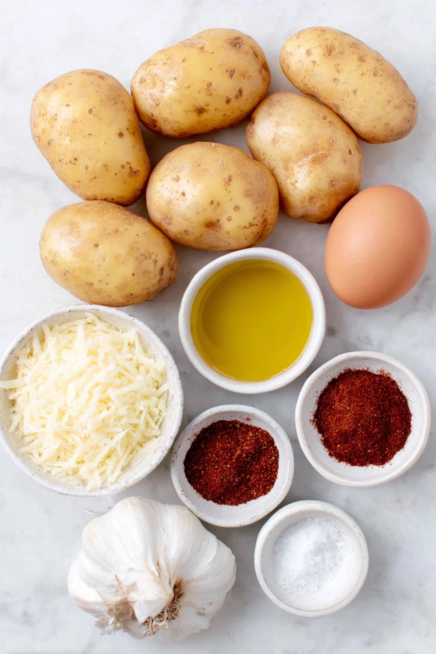 Cheese Crusted Yukon Gold Potatoes, baked cheese potatoes, crispy cheese potato crust, roasted garlic aioli with cheese crust, Yukon Gold potato side dish - Flat lay of small whole Yukon Gold potatoes with smooth golden skin, a small mound of finely grated aged Manchego cheese with a pale yellow hue, a small white ceramic bowl filled with extra virgin olive oil glistening with a rich golden color, a small white bowl holding bright red smoked paprika powder, a whole rustic head of garlic with white papery skin, a small white bowl containing whole uncracked brown egg, a tiny lemon wedge with vibrant yellow flesh, a small white bowl of fine seasoned salt crystals, and a small white bowl of deep reddish chipotle powder, all arranged symmetrically on a clean white marble surface, soft natural light, photo taken with an iPhone, professional food photography style, fresh ingredients, white ceramic bowls, no bottles, no duplicates, no utensils, no packaging --ar 2:3 --v 7 --p m7354615311229779997