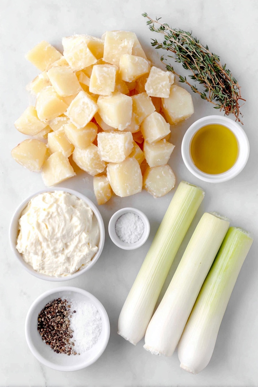 Creamy Potato Leek Soup, potato leek soup, easy creamy soup, comforting soup recipes, leek and potato soup - Flat lay of a small mound of peeled and chopped Yukon gold potatoes in ½ inch cubes, two medium leeks halved and sliced showing clean white and light green parts, a few fresh thyme sprigs with delicate green leaves, a small white bowl of golden olive oil, a small white bowl of unsalted butter chunks, a small white bowl filled with thick heavy cream, a small white bowl containing coarse kosher salt crystals, a small white bowl with ground black pepper, and a small white bowl of clear vegetable stock, all arranged with perfect symmetry on a clean white marble surface, soft natural light, photo taken with an iPhone, professional food photography style, fresh ingredients, white ceramic bowls, no bottles, no duplicates, no utensils, no packaging --ar 2:3 --v 7 --p m7354615311229779997