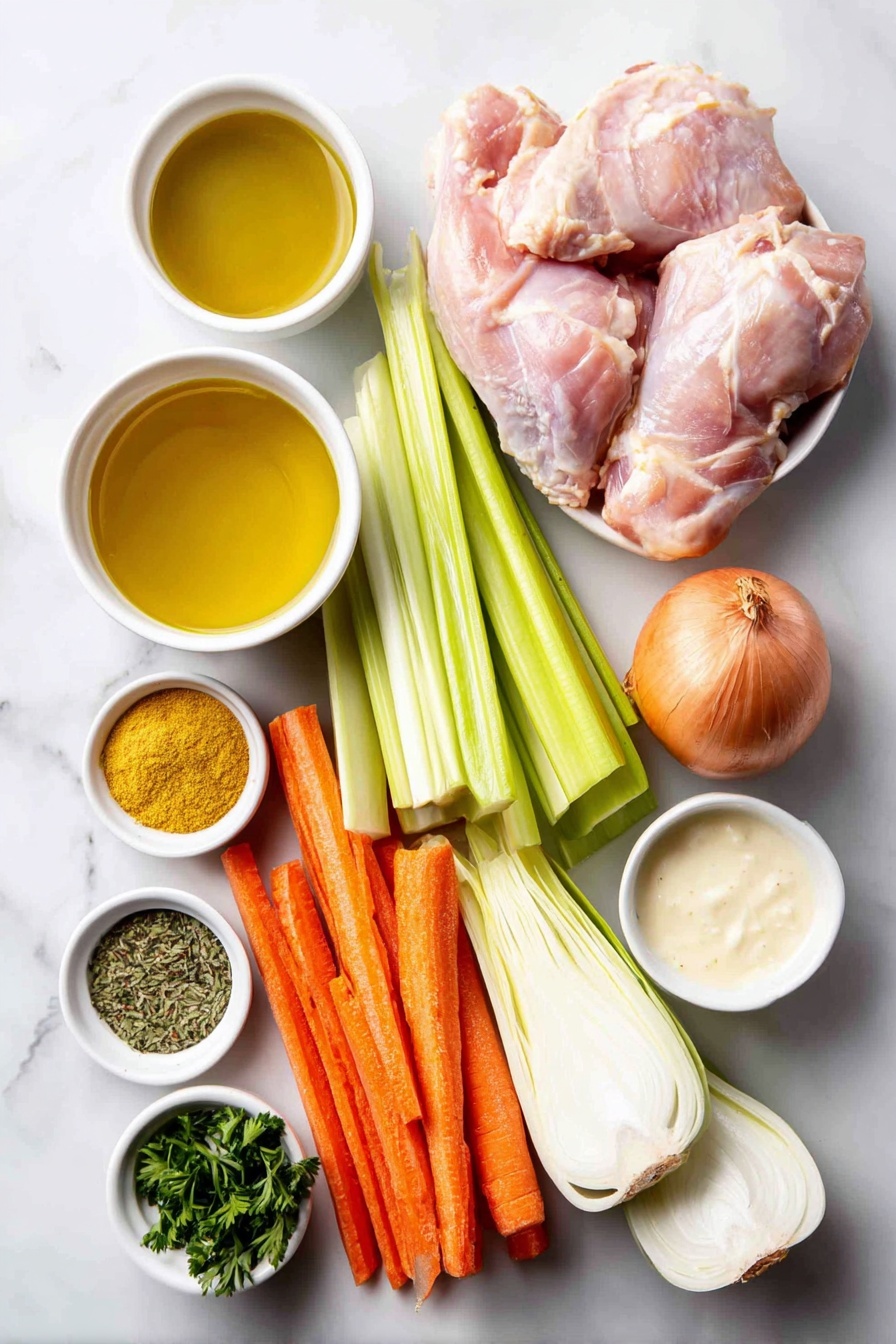 Turmeric Chicken Soup with Coconut Milk, healthy turmeric chicken soup, nourishing coconut milk soup, spicy turmeric chicken broth, easy chicken and turmeric soup - Flat lay of a small white ceramic bowl of golden olive oil, a whole medium onion with papery skin, a large leek cut lengthwise showing white and light green layers, three vibrant orange carrots sliced into rounds, three bright green celery stalks sliced thin, three whole garlic cloves peeled, a small white bowl of bright yellow turmeric powder, a small white bowl with mixed poultry seasoning, a simple white ceramic bowl filled with rich golden chicken broth, a small white bowl of creamy white coconut milk, two raw boneless skinless chicken thighs, a small white bowl of fresh bright green parsley leaves, a small white bowl of coarse kosher salt crystals, and a small white bowl of cracked black peppercorns, all arranged with perfect symmetry on a clean white marble surface, soft natural light, photo taken with an iPhone, professional food photography style, fresh ingredients, white ceramic bowls, no bottles, no duplicates, no utensils, no packaging --ar 2:3 --v 7 --p m7354615311229779997