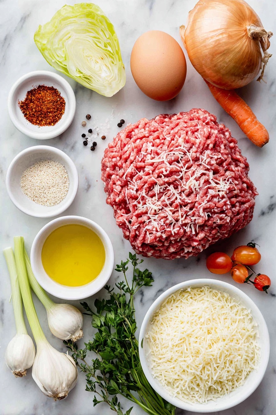 Hearty Meatball Soup with Pasta, meatball pasta soup recipe, comforting meatball soup, easy meatball and pasta soup, homemade meatball soup - Flat lay of a small mound of lean ground beef, one whole uncracked brown egg, a small white ceramic bowl of freshly grated parmesan cheese, a small white bowl filled with unseasoned bread crumbs, a small bunch of fresh oregano sprigs, a small white bowl with sweet paprika powder, a bunch of fresh parsley leaves, three to five whole garlic cloves, a small white ceramic bowl of extra virgin olive oil, a pinch of kosher salt crystals, a few black peppercorns, one small whole yellow onion, two fresh whole carrots, two celery stalks with leaves, one small green bell pepper, a small white bowl of beef broth, a small white bowl with peeled whole peeled tomatoes with juices, a small white bowl of uncooked ditalini pasta, and a small white bowl with red pepper flakes; all arranged with perfect symmetry on a clean white marble surface, soft natural light, photo taken with an iPhone, professional food photography style, fresh ingredients, white ceramic bowls, no bottles, no duplicates, no utensils, no packaging --ar 2:3 --v 7 --p m7354615311229779997