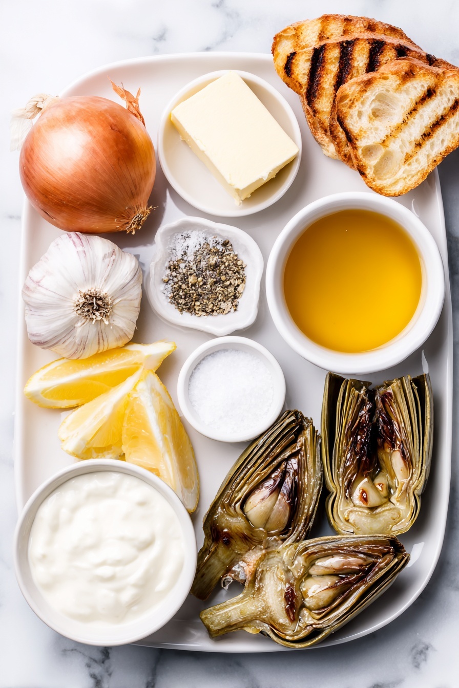 Creamy Artichoke Soup, artichoke soup recipe, vegan artichoke soup, quick creamy soup, cozy soup ideas - Flat lay of a small puddle of golden olive oil in a white ceramic bowl, a pat of pale unsalted butter on a white plate, a whole sweet onion with papery skin intact, two whole uncracked garlic cloves, a pinch of coarse kosher salt in a small white bowl, a small white bowl with freshly cracked black pepper, a few fresh pale green artichoke hearts, a small white ceramic bowl filled with light golden vegetable stock, a small white bowl of creamy white heavy cream, a small white bowl of smooth crème fraiche, a few lemon wedges with bright yellow skin and juicy interiors, several thin slices of crusty toasted baguette with a golden brown surface, and a couple of grilled artichoke hearts with char marks arranged neatly, all placed on a clean white marble surface, soft natural light, photo taken with an iPhone, professional food photography style, fresh ingredients, white ceramic bowls, no bottles, no duplicates, no utensils, no packaging --ar 2:3 --v 7 --p m7354615311229779997